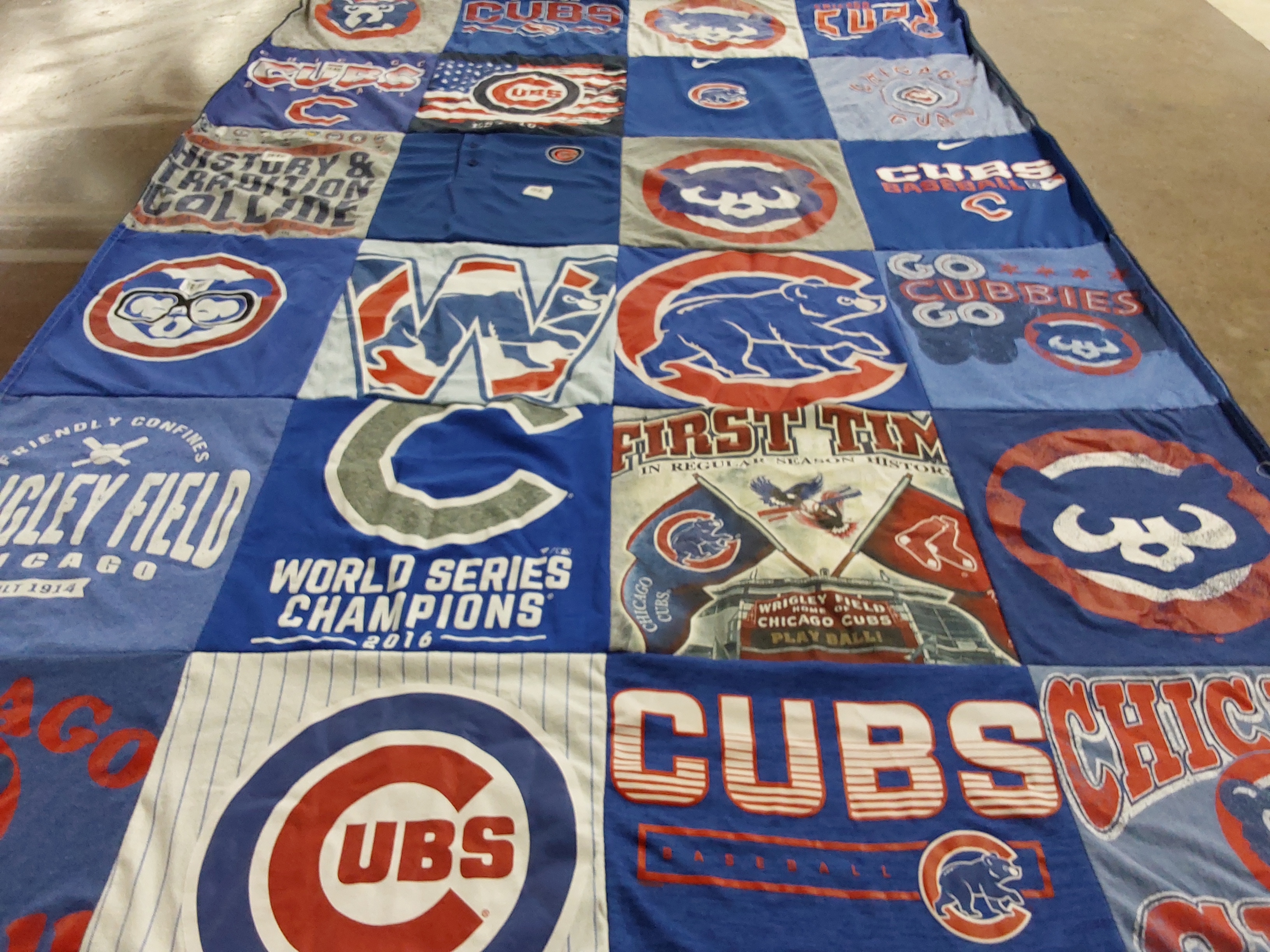 Custom Project Repat t-shirt quilt with chicago cubs team logos.