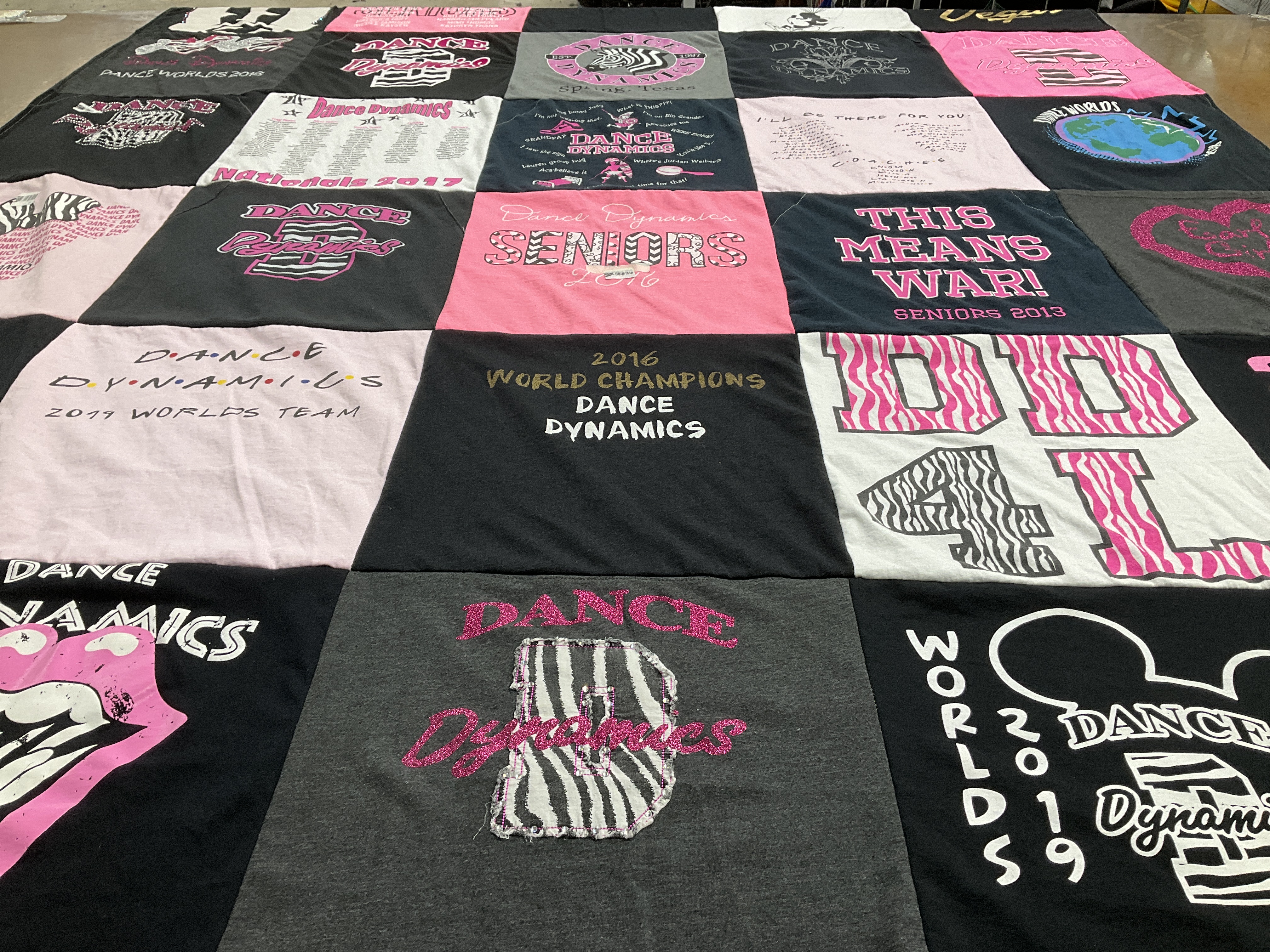T-shirt quilt with dance, cheerleading themes by Dawn from TX