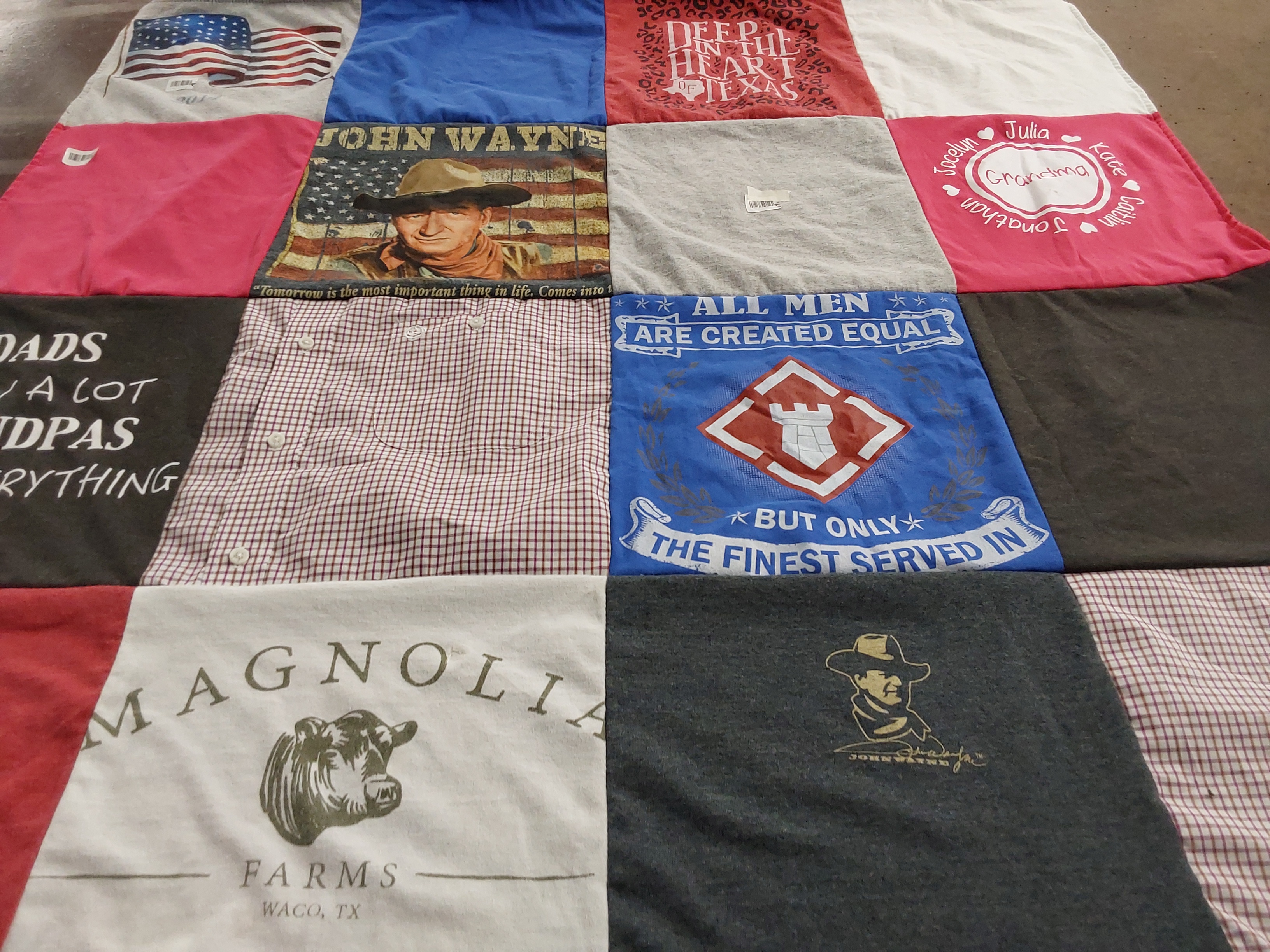 T-shirt quilt with country, farming themes by Mary from GA