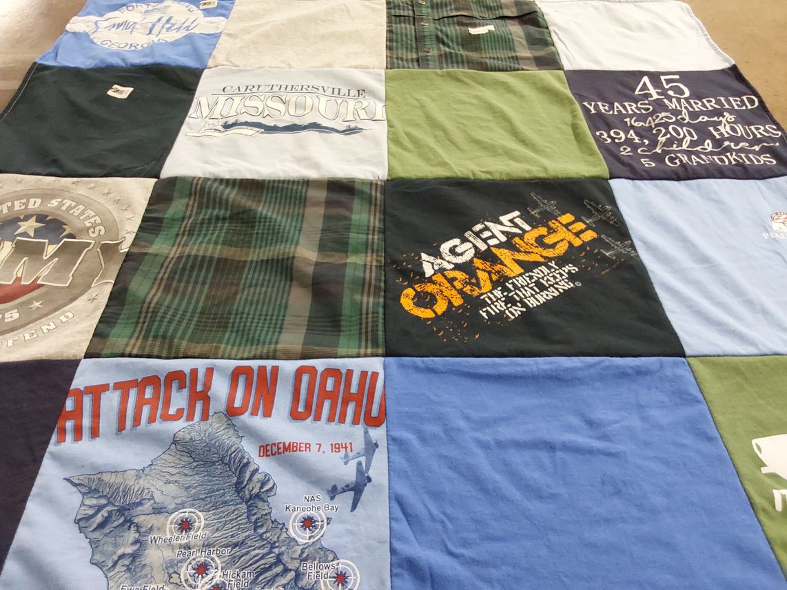T-shirt quilt with military, history themes by Mary from GA