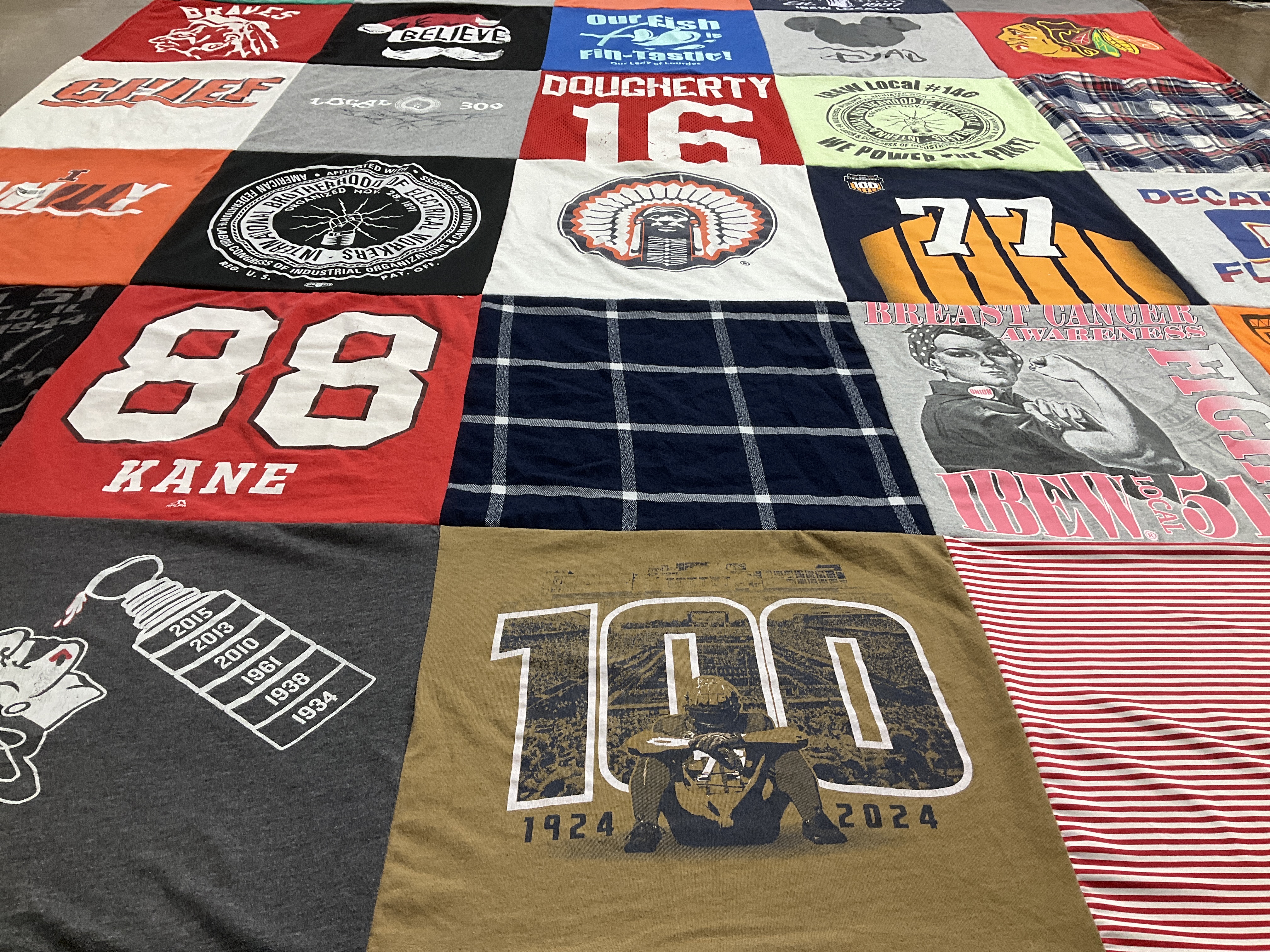 T-shirt quilt with breast cancer awareness, sports themes by David from IL
