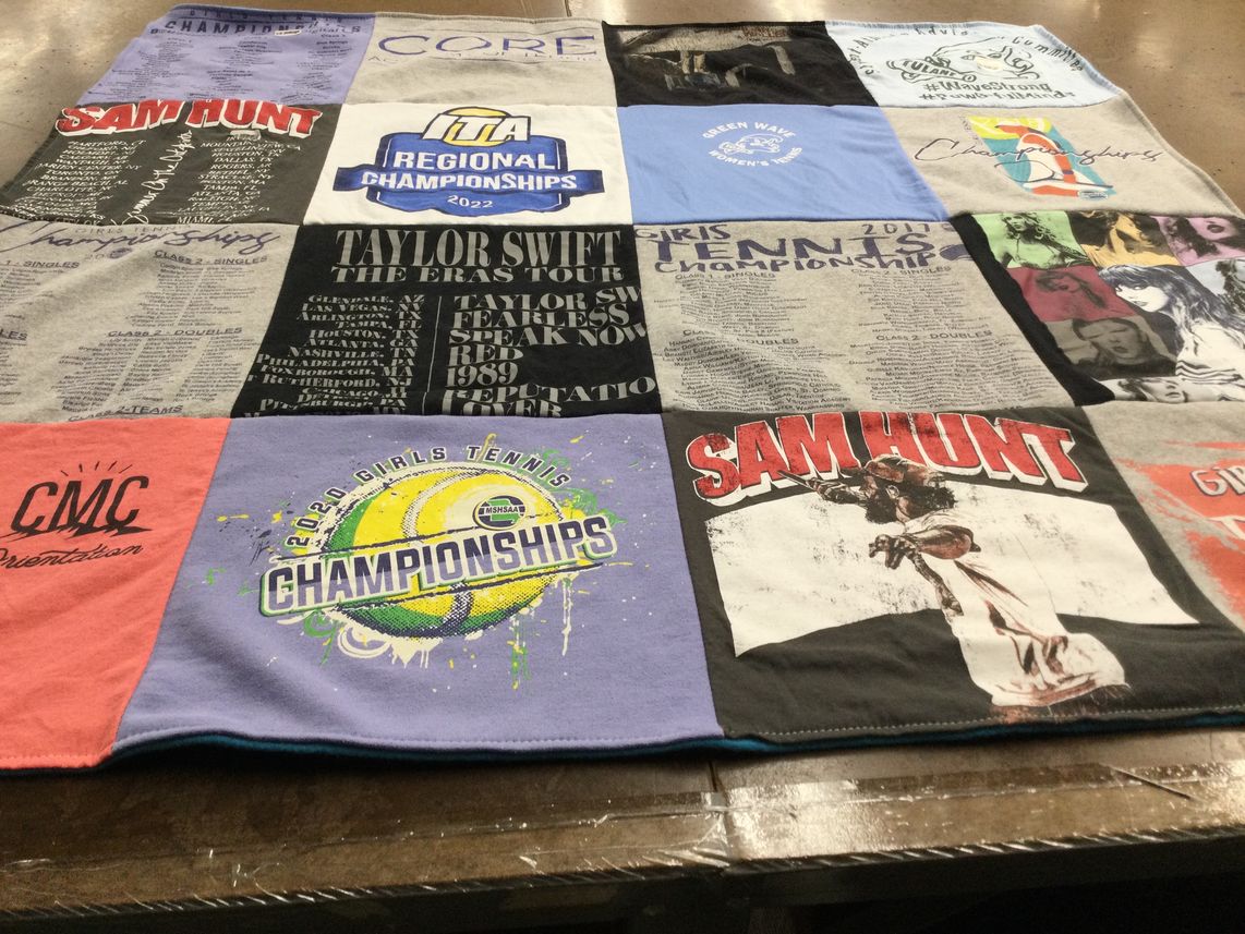 T-shirt quilt with music, tennis themes by Heather from MO