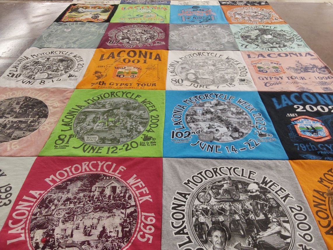 T-shirt quilt with motorcycling, biking themes by Nancy from NH