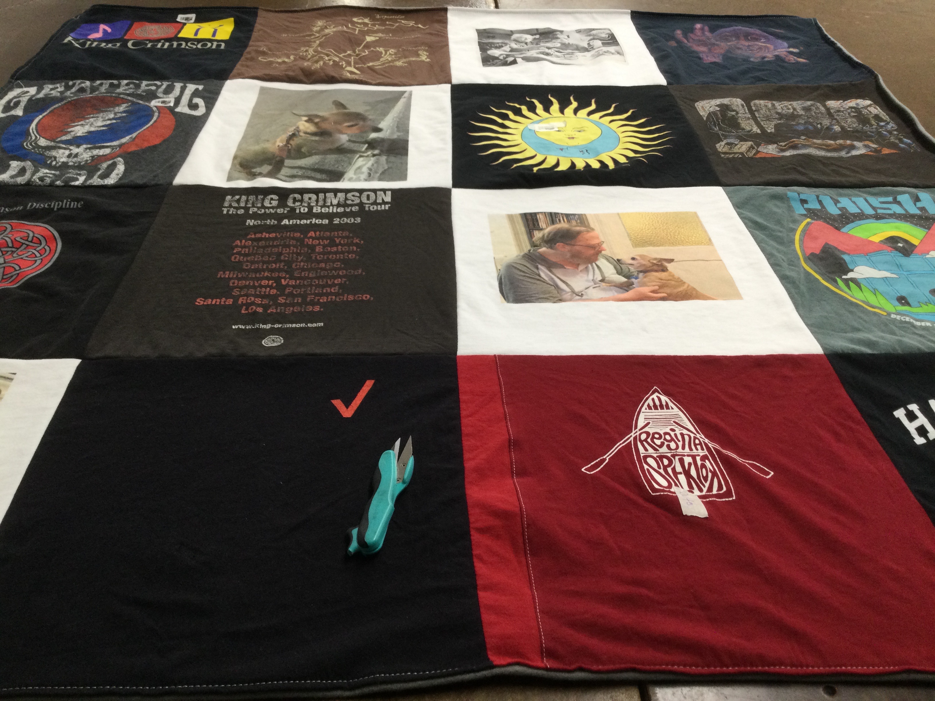 T-shirt quilt with music, art themes by Laura from NJ