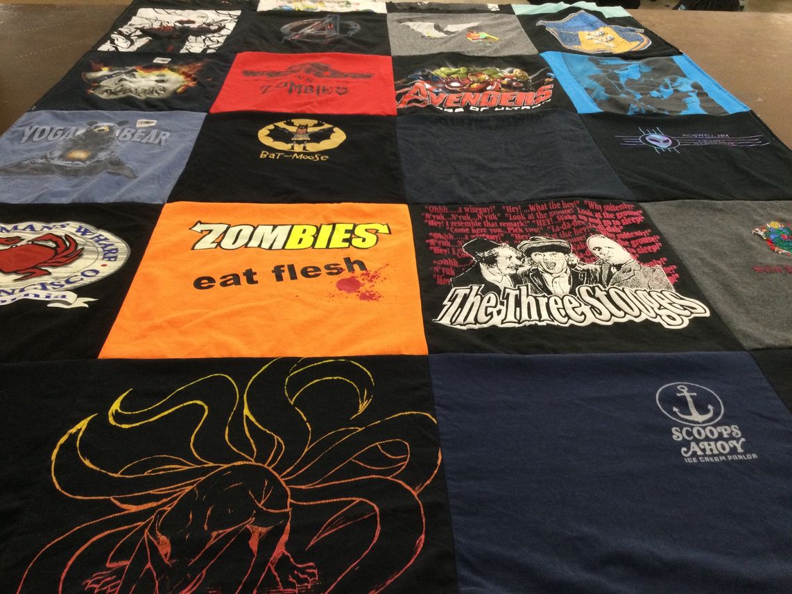 T-shirt quilt with cartoons, horror themes by Jennifer from OH