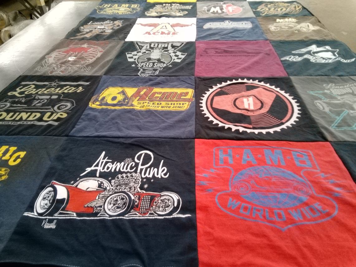 T-shirt quilt with automotive, car culture themes by Janet from TX