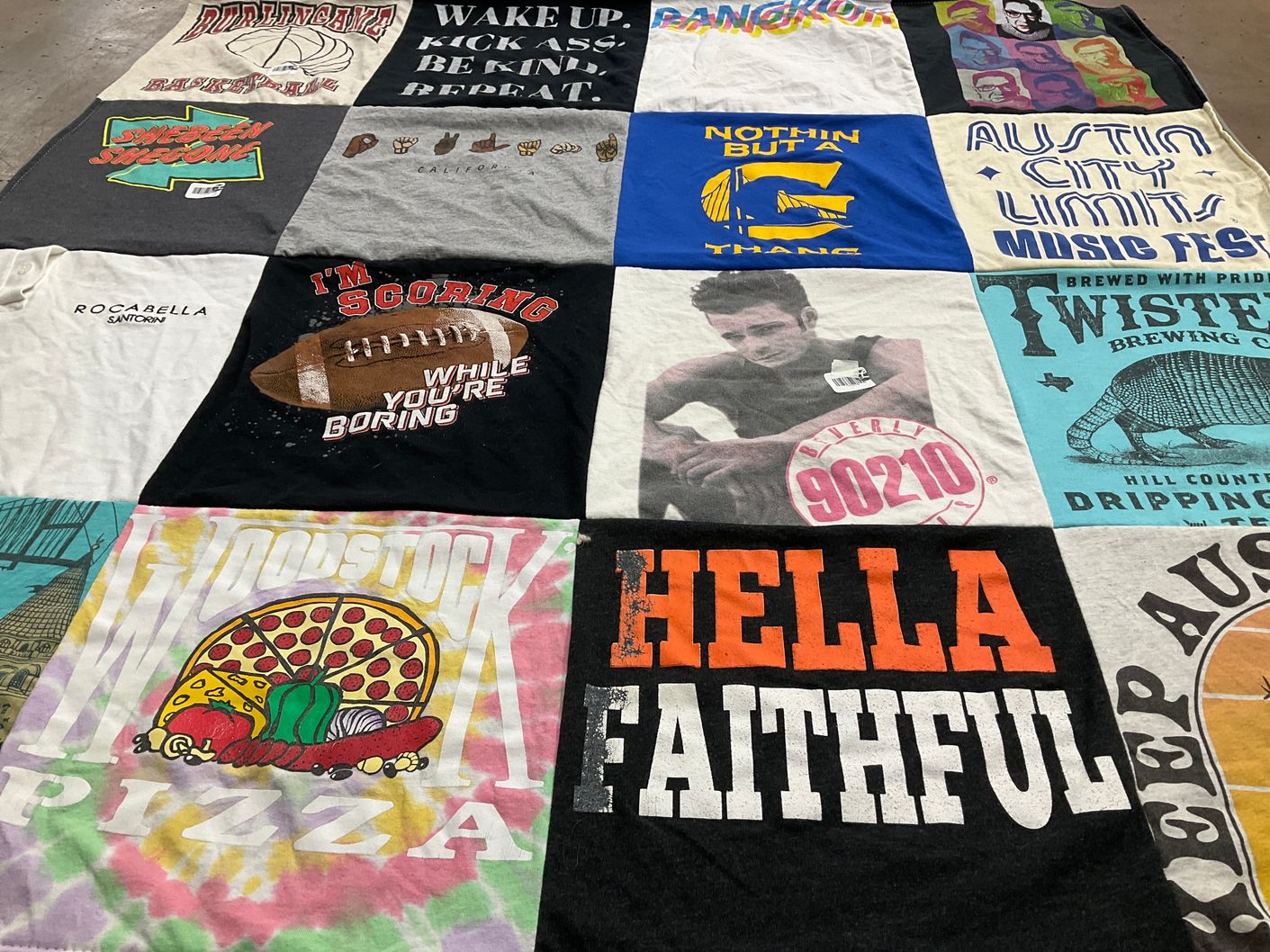 T-shirt quilt with music, beer themes by Julia from CA