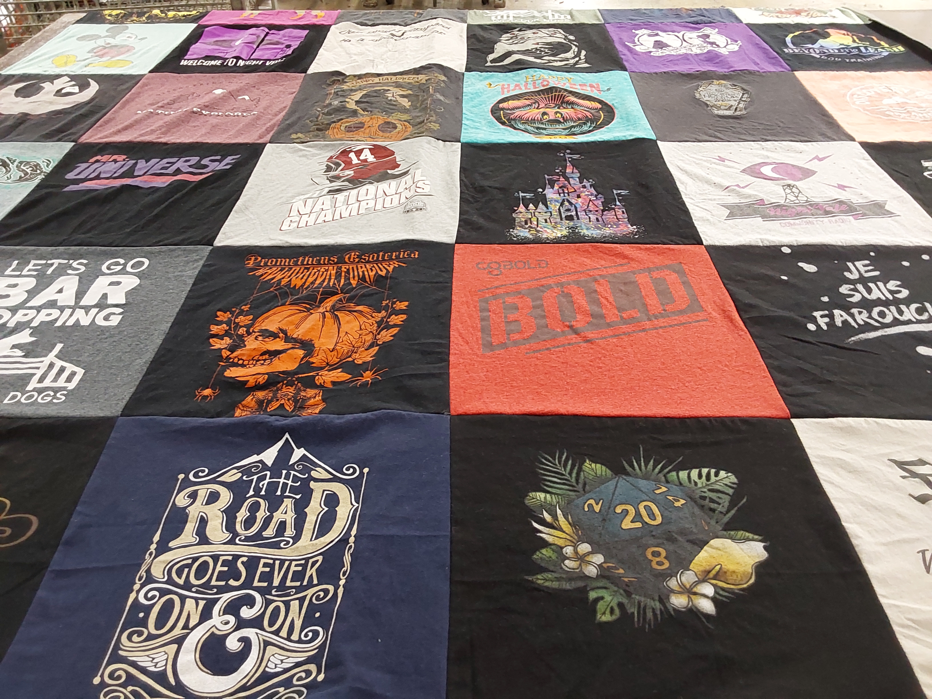 T-shirt quilt with halloween, gaming themes by Amy from FL