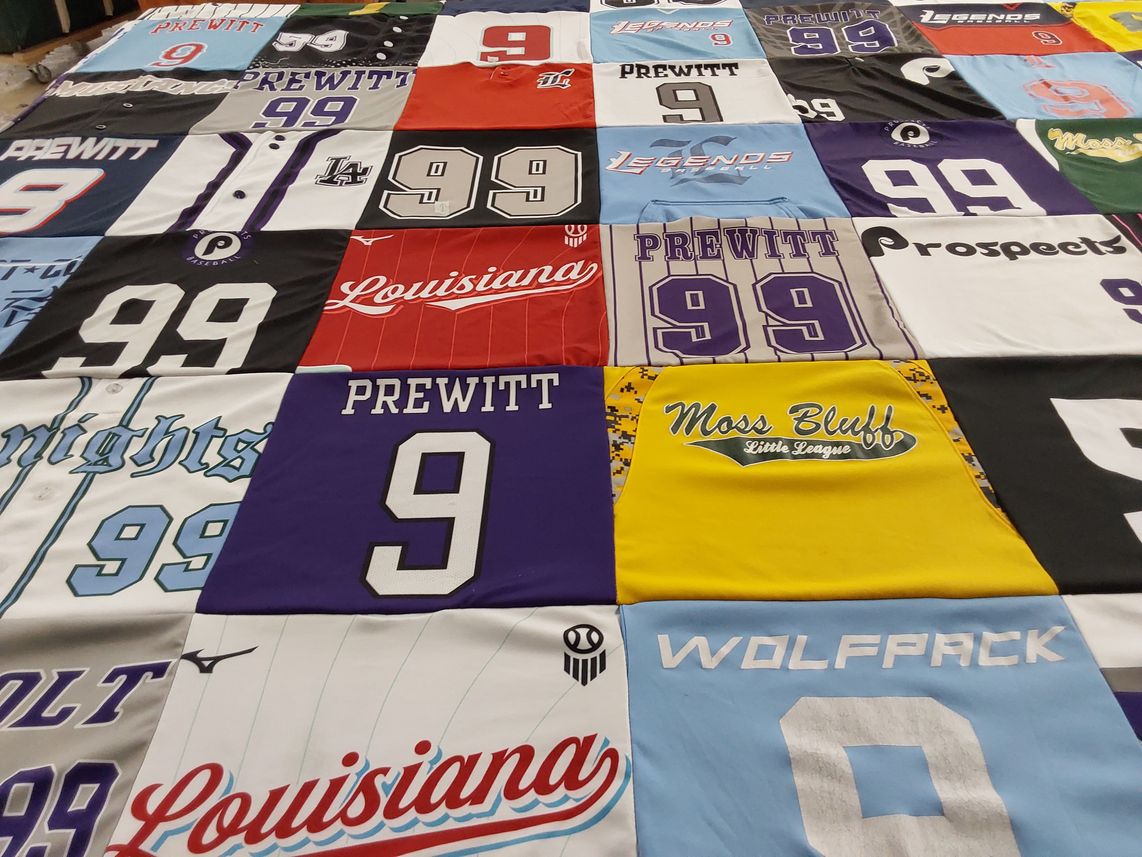 T-shirt quilt with sports, baseball themes by Trisha from LA