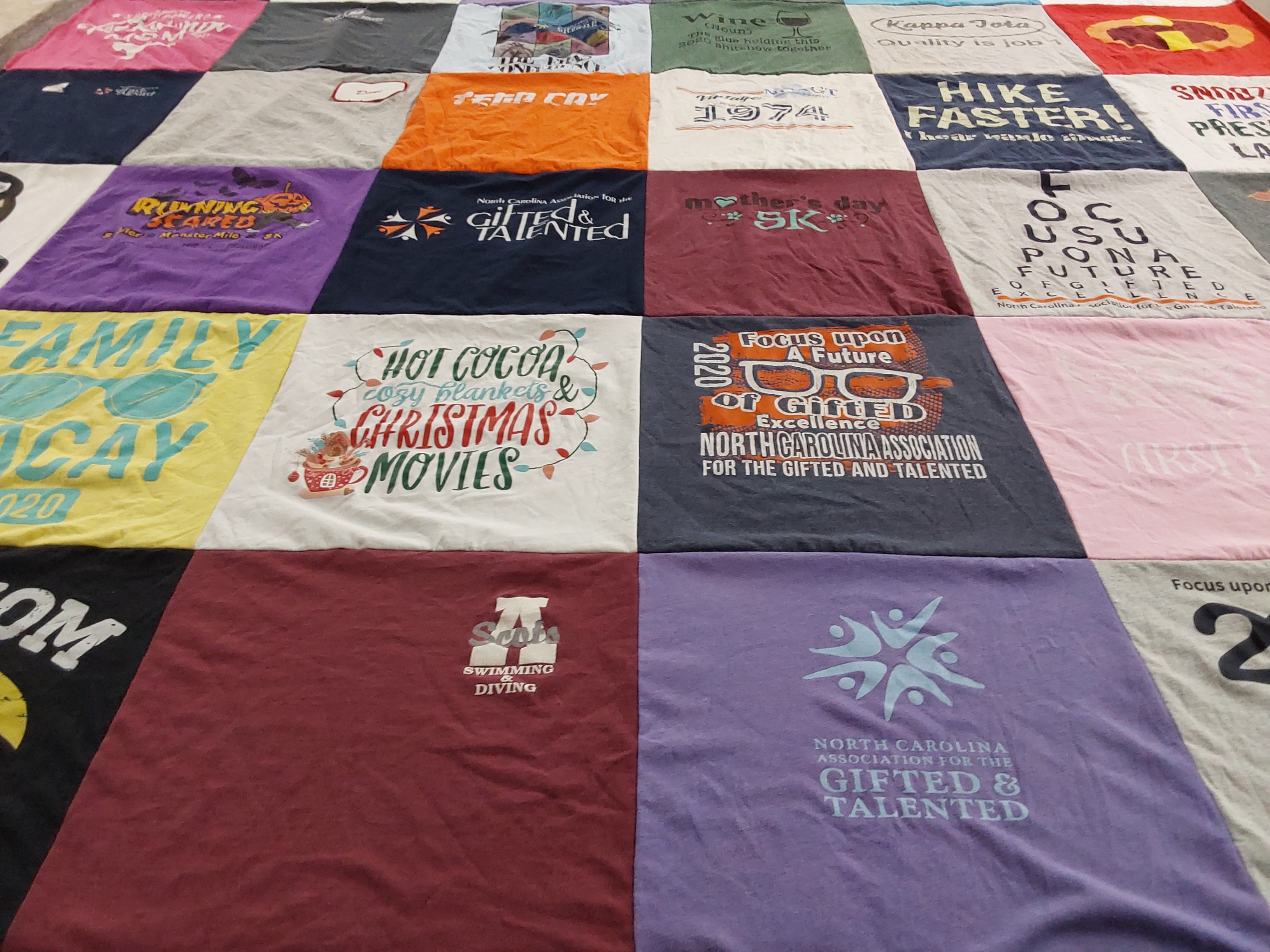 Custom Project Repat t-shirt quilt highlighting family activities, gifted education themes.