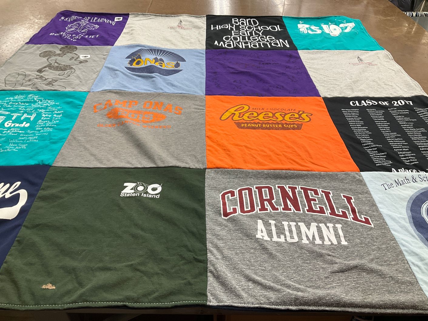 T-shirt quilt from cornell university, bard high school early college manhattan by Jane from NY