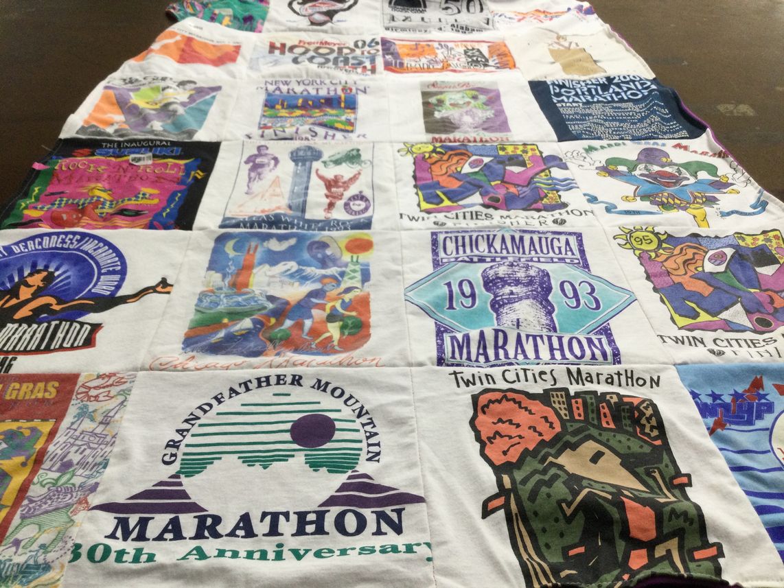T-shirt quilt with running, marathons themes by Jane from AL