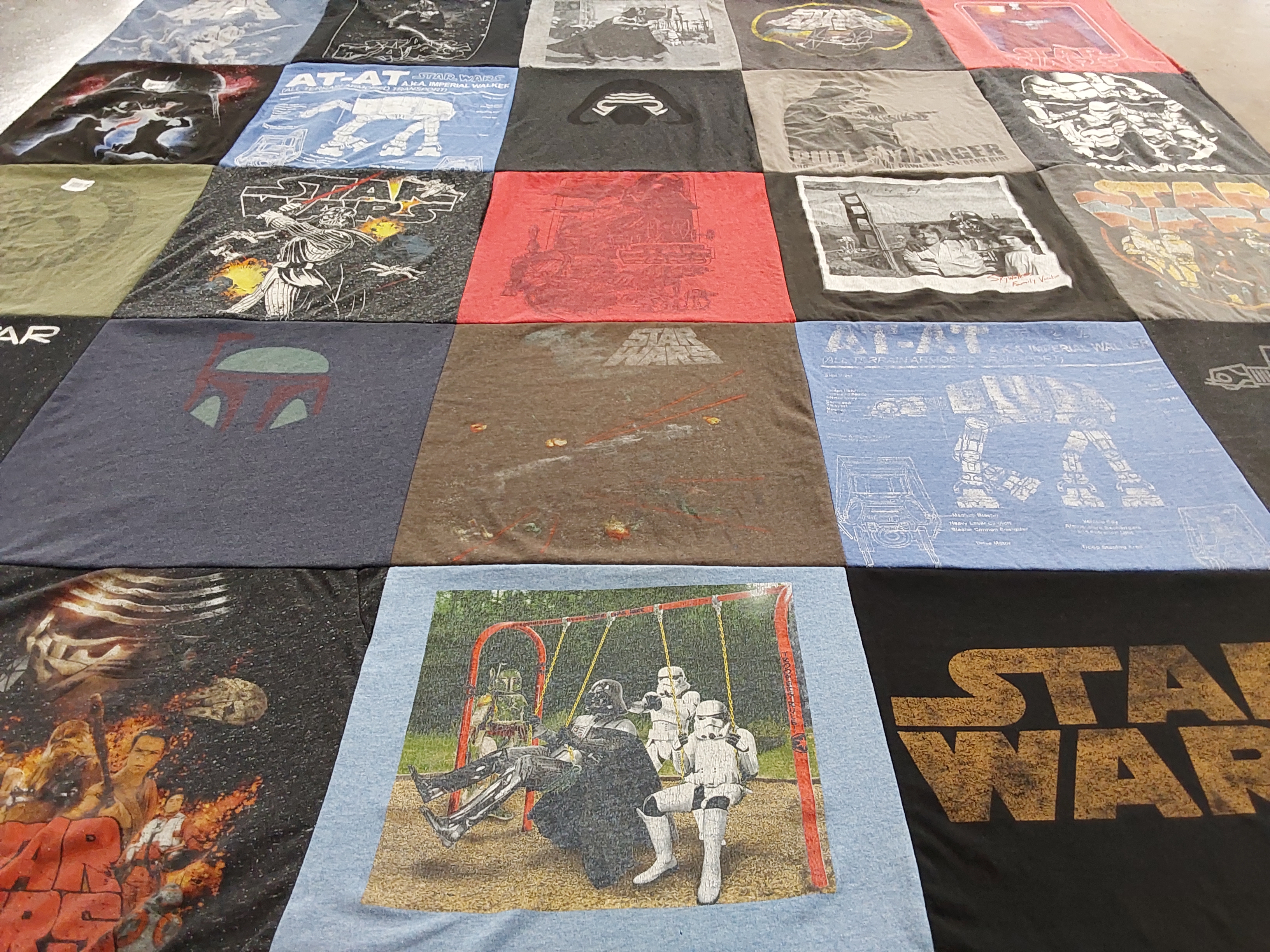 Custom Project Repat t-shirt quilt highlighting sci-fi, movies themes.
