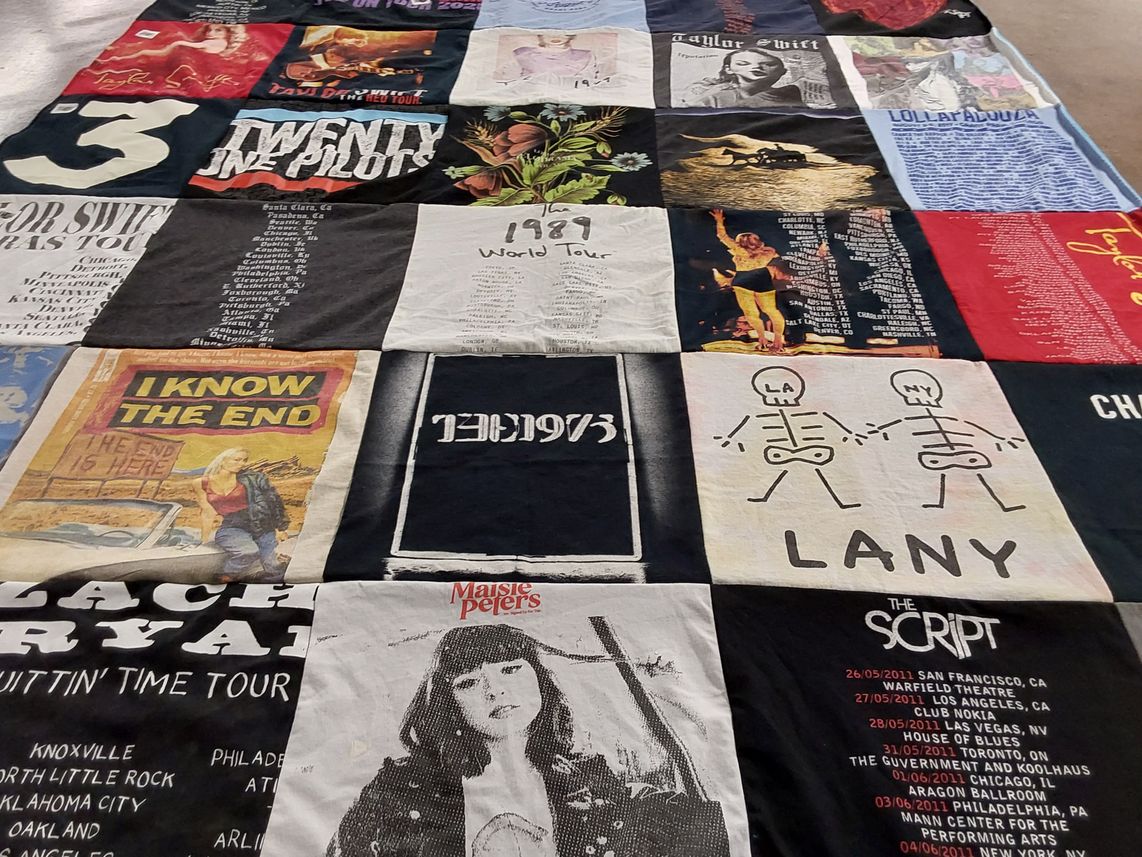 T-shirt quilt with music, concerts themes by Erin from IL