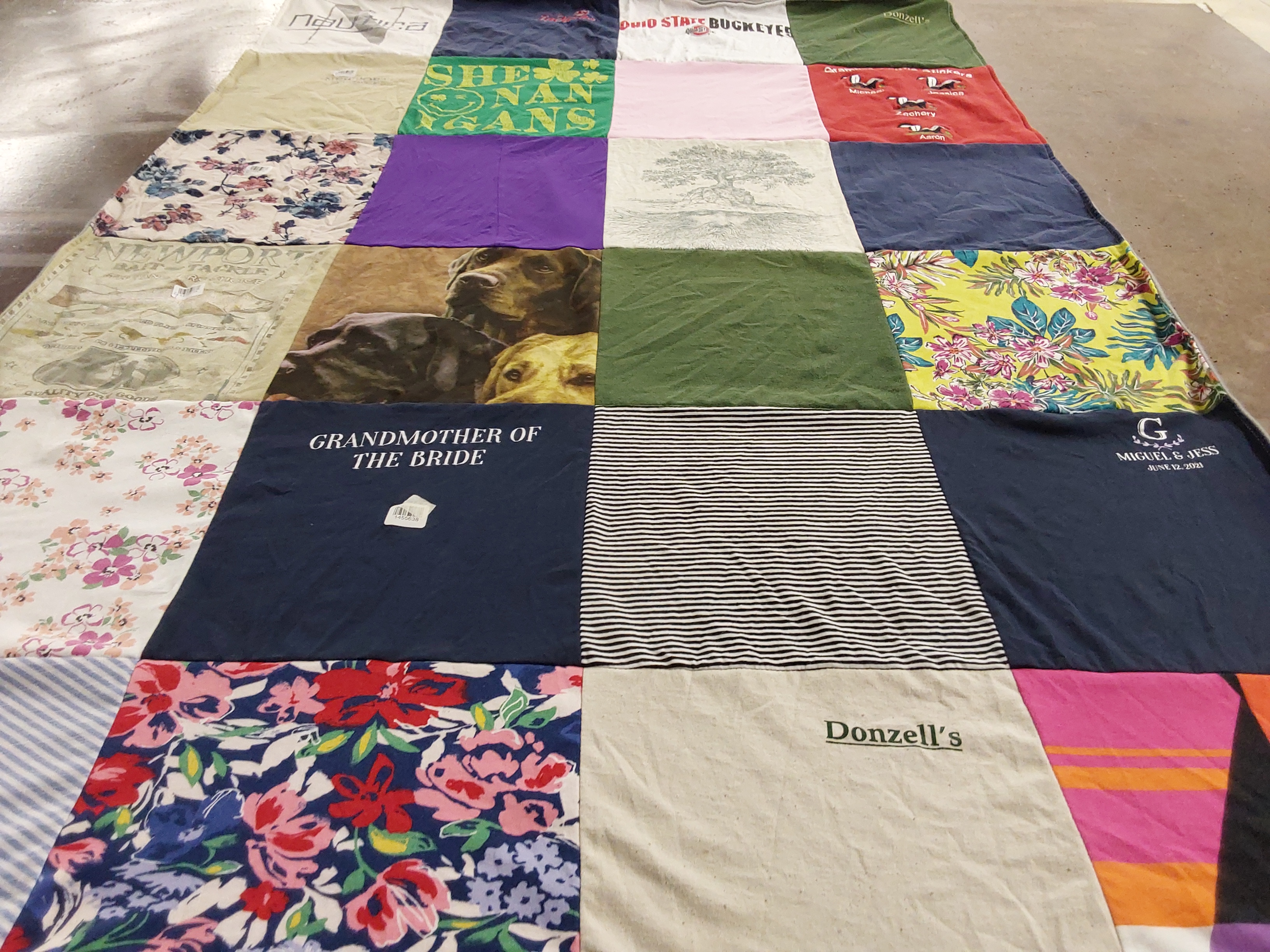Custom Project Repat t-shirt quilt highlighting family, weddings themes.