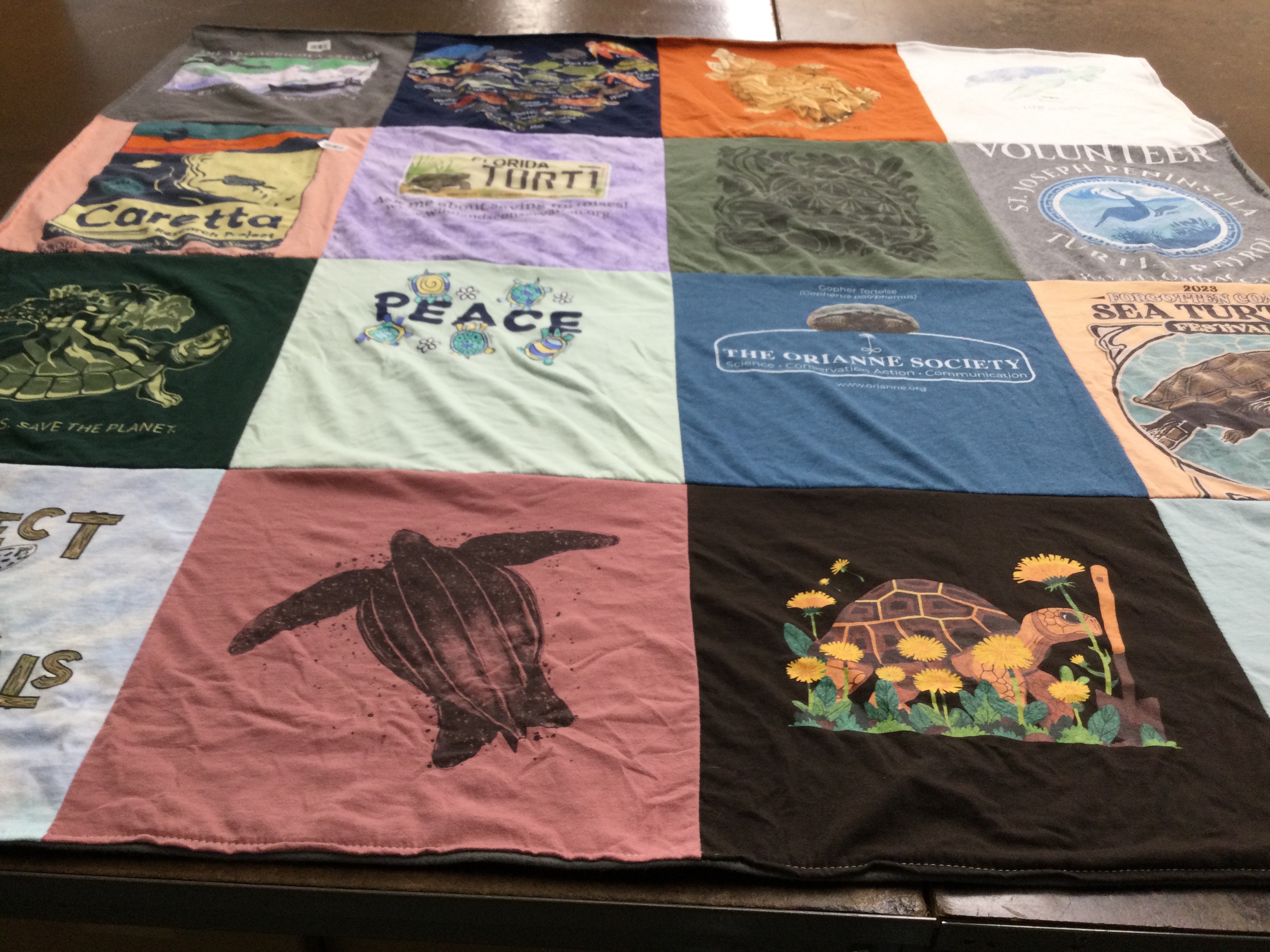 T-shirt quilt with marine conservation, wildlife protection themes by Marianne from FL
