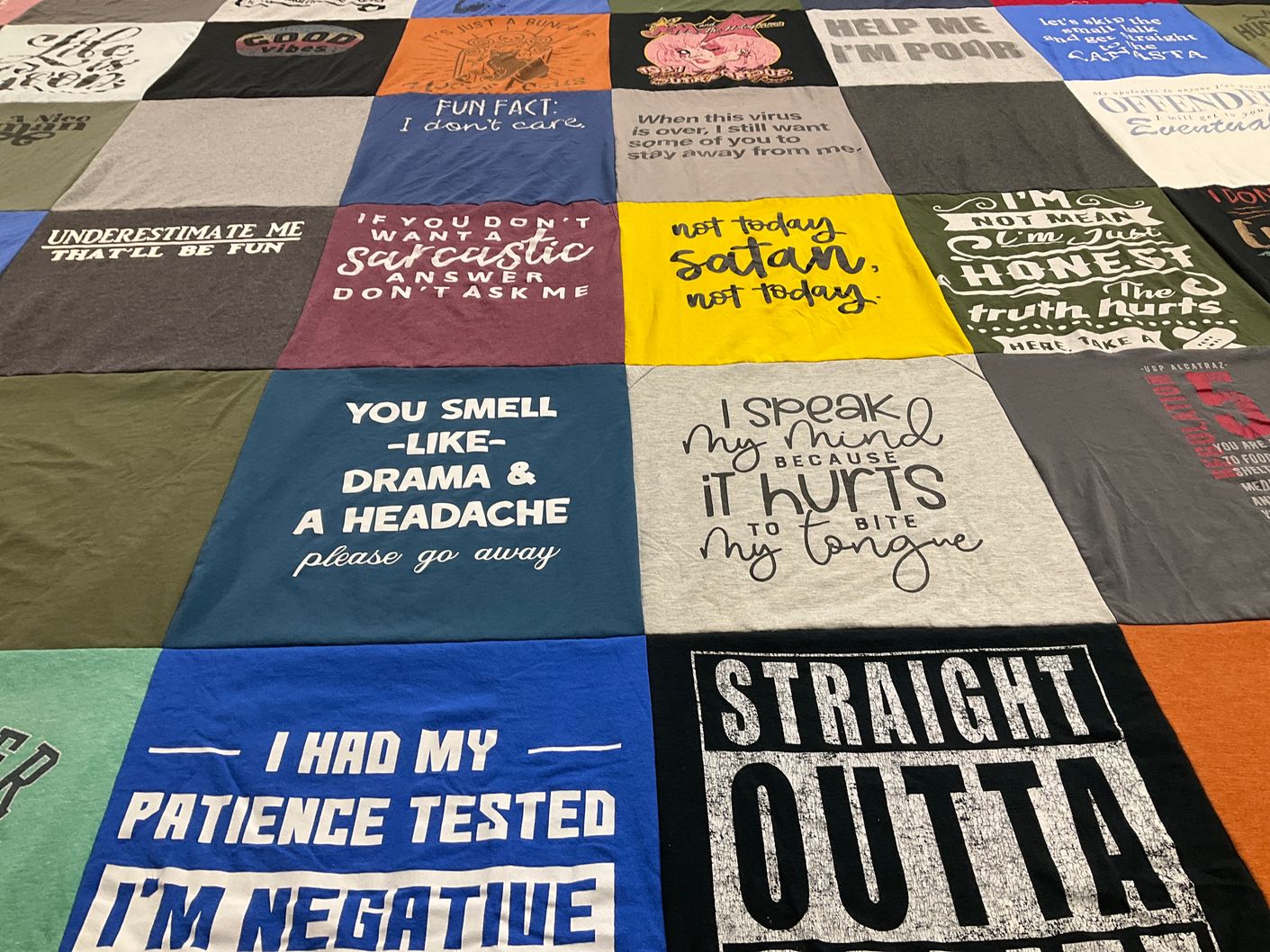 T-shirt quilt with humor, sarcasm themes by Nichole from AZ