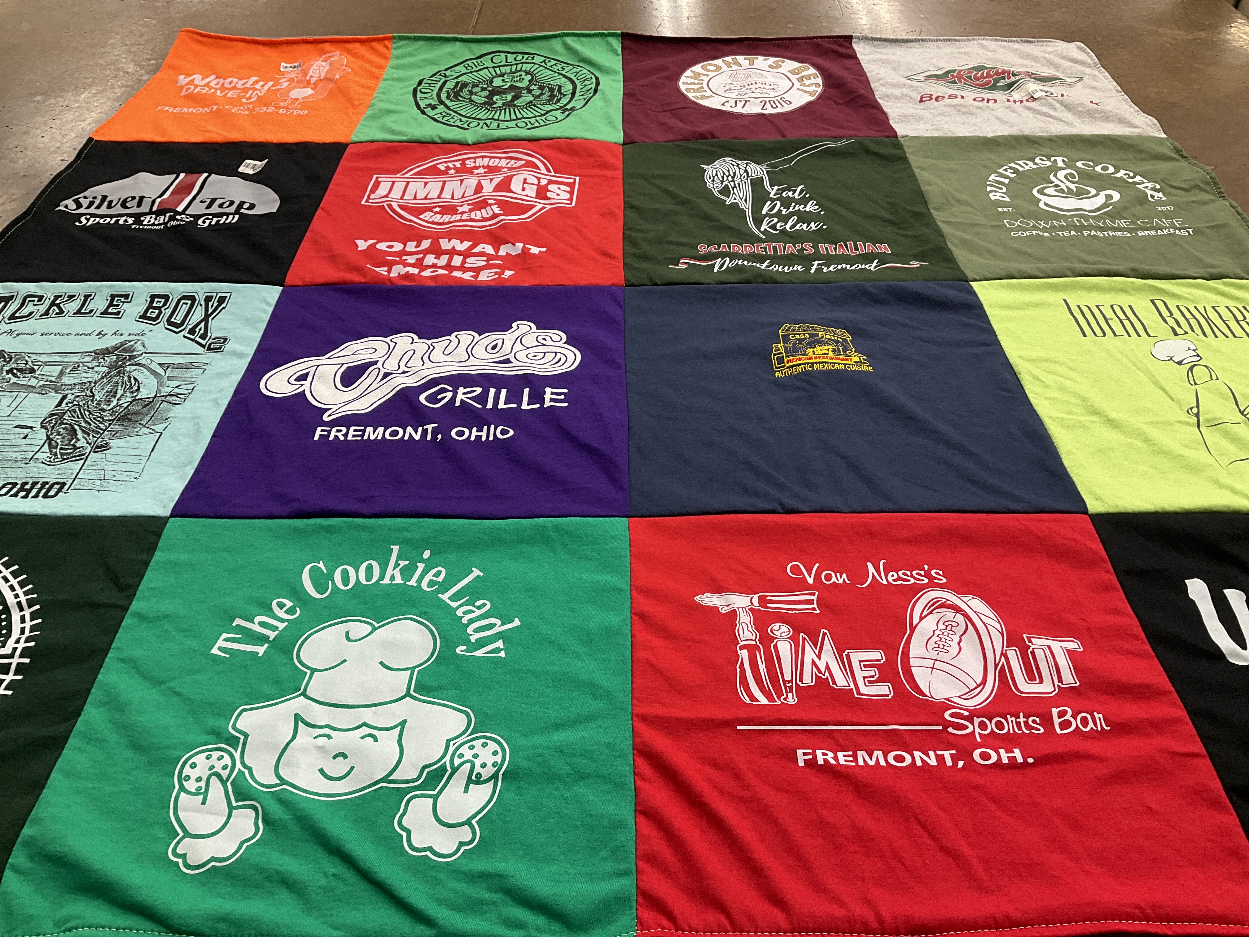 T-shirt quilt with food, restaurants themes by Megan from OH