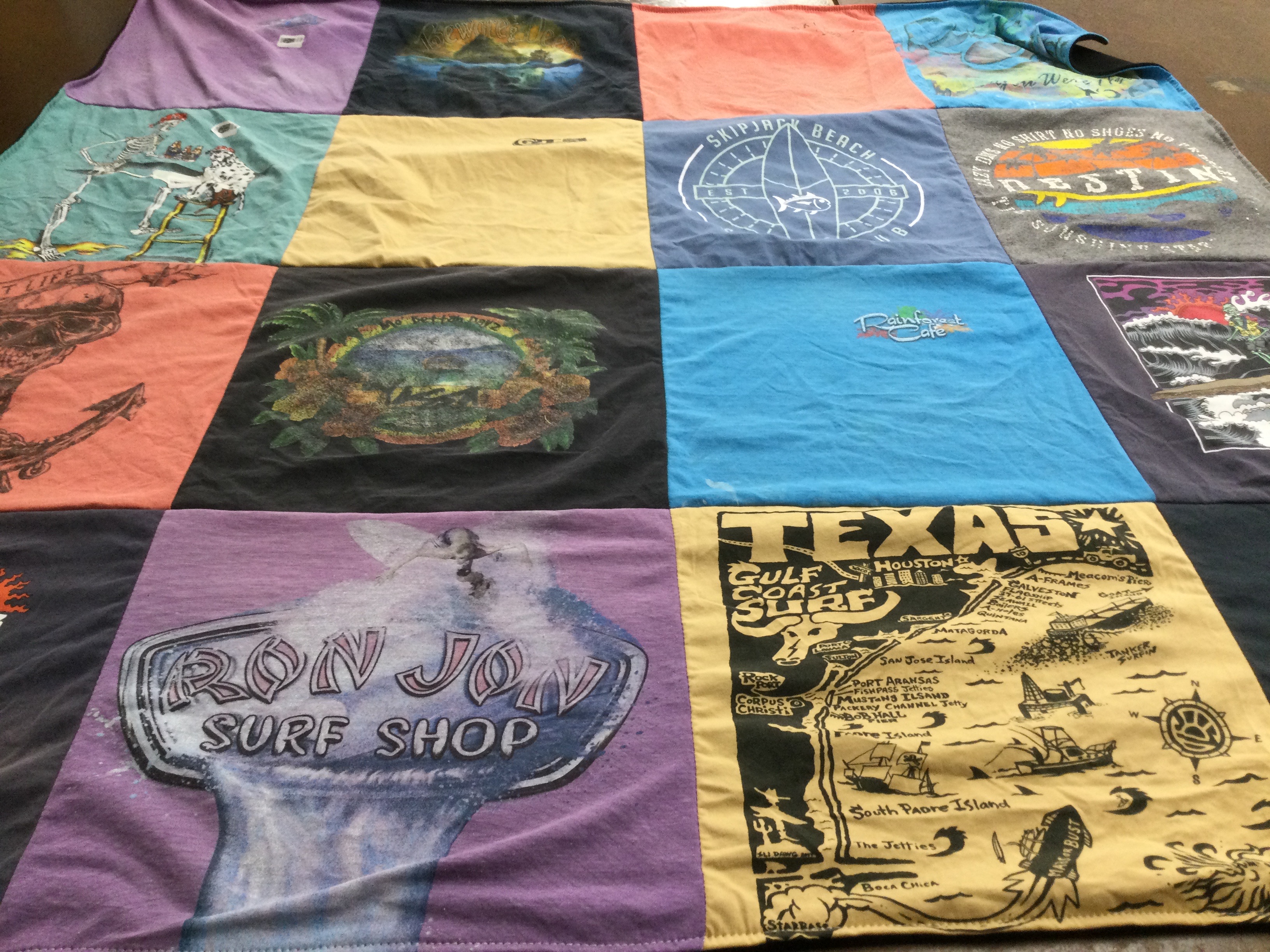 T-shirt quilt with surfing, beaches themes by Michael from TX