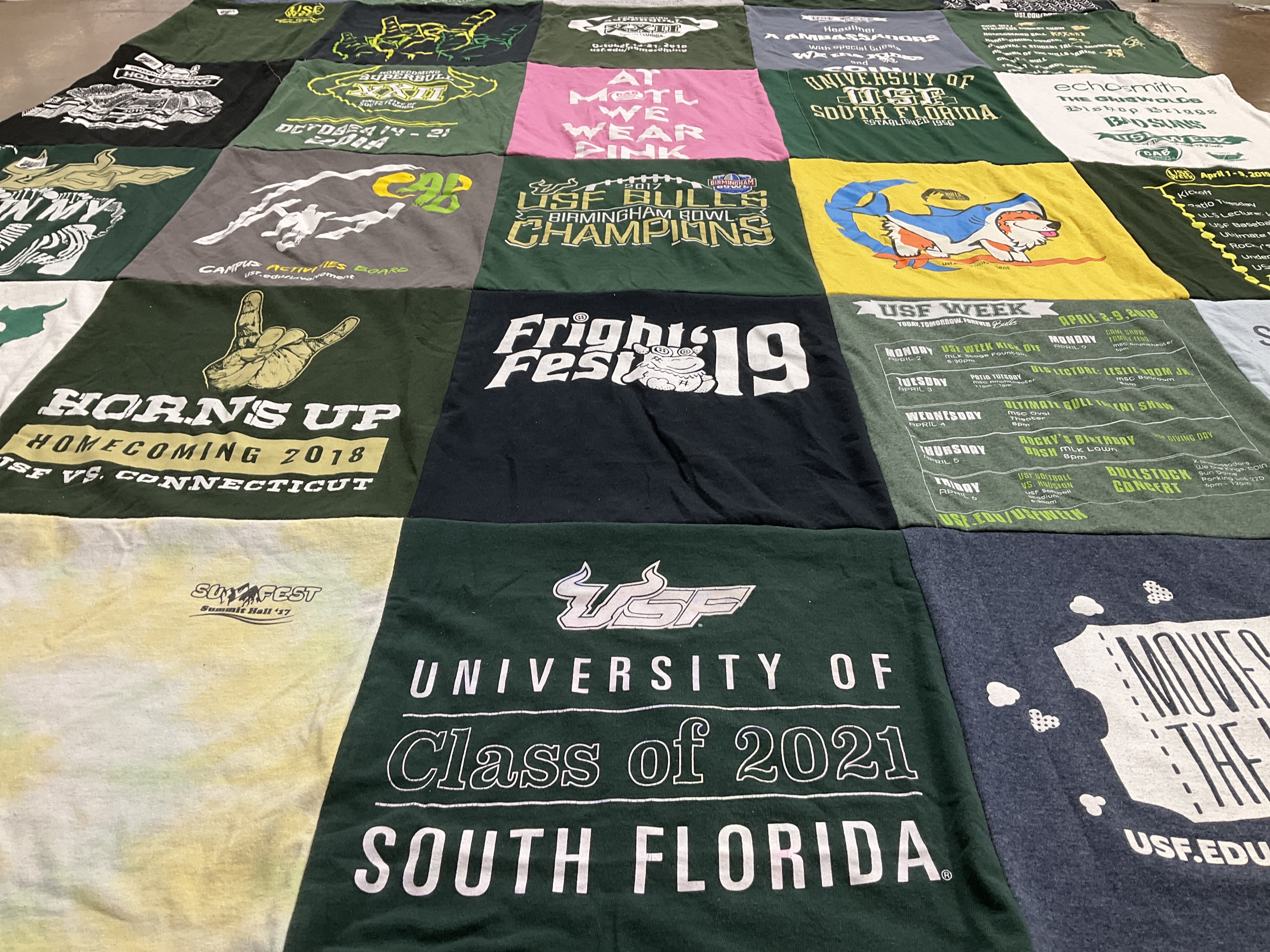 Custom Project Repat t-shirt quilt featuring shirts from university of south florida.