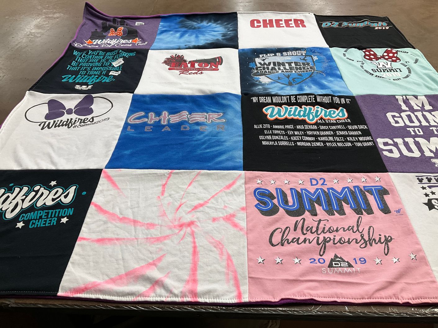T-shirt quilt with cheerleading, competitions themes by Debbi from NM