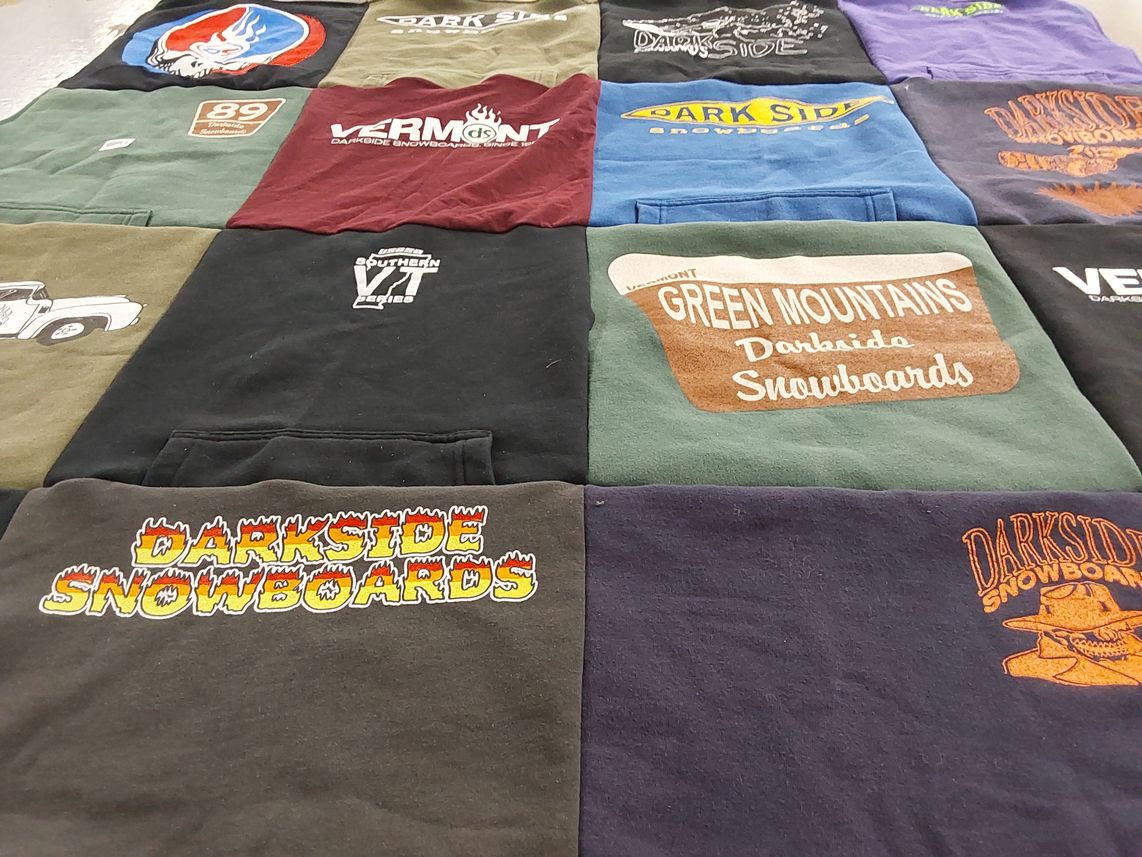 T-shirt quilt with snowboarding, outdoor activities themes by Kristin from CT