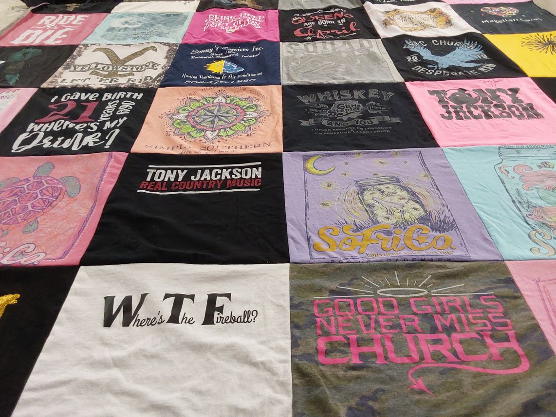 T-shirt quilt with country music, drinking themes by Cherilyn from VA