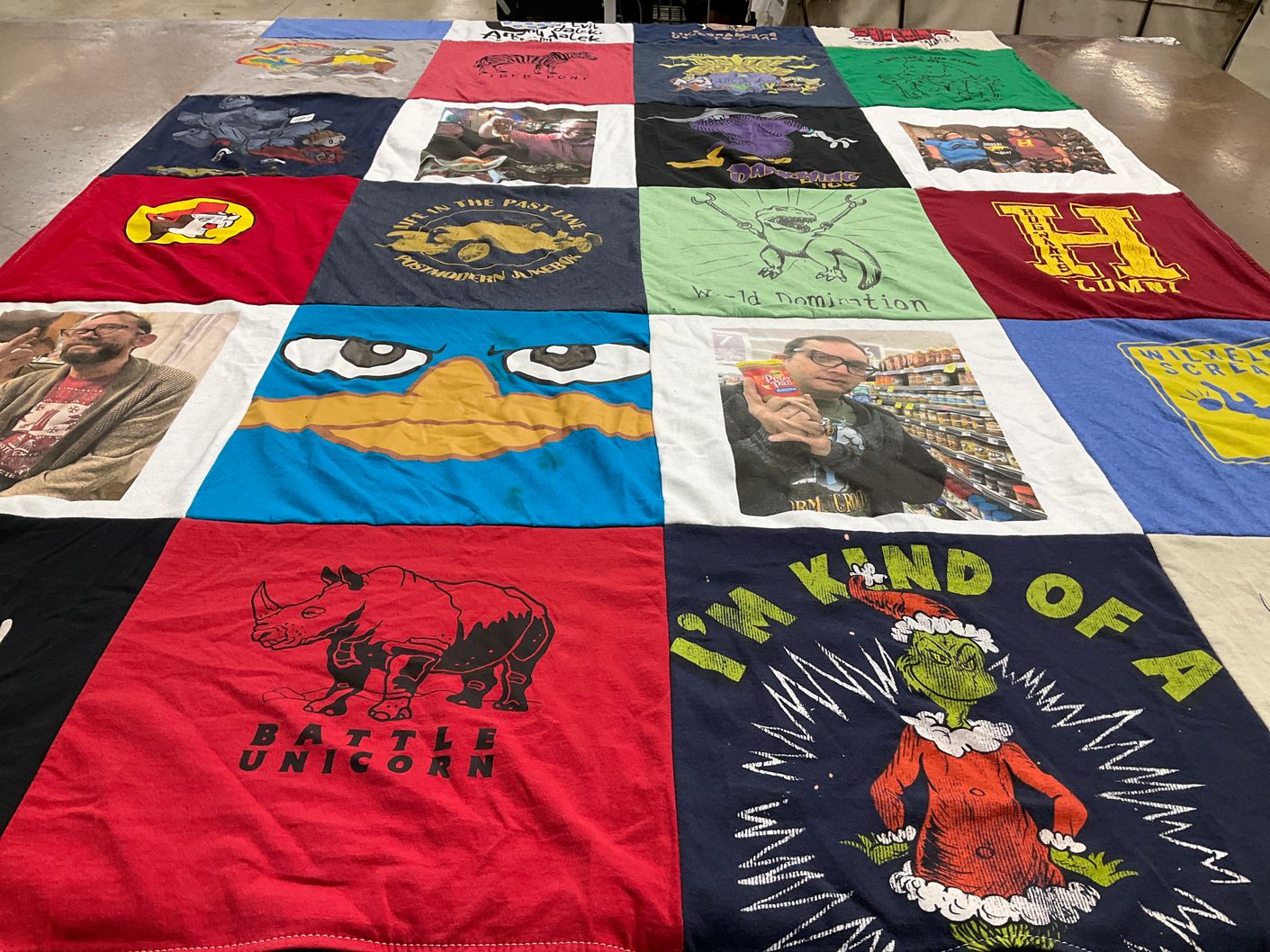T-shirt quilt with pop culture, humor themes by Danya from MO