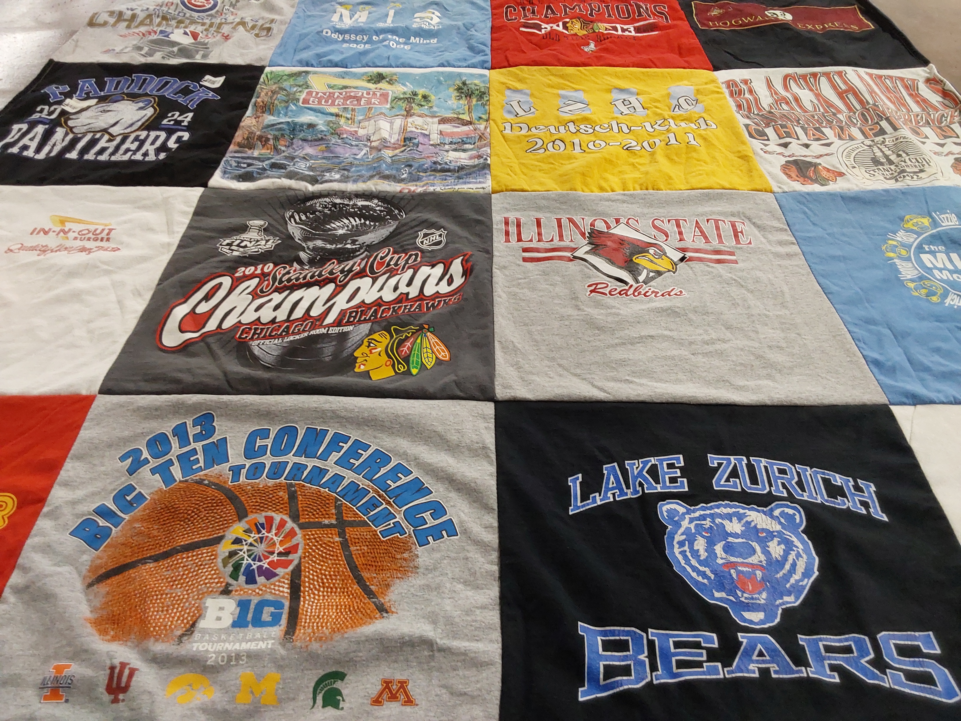 T-shirt quilt featuring chicago blackhawks, lake zurich bears by Elizabeth from IL
