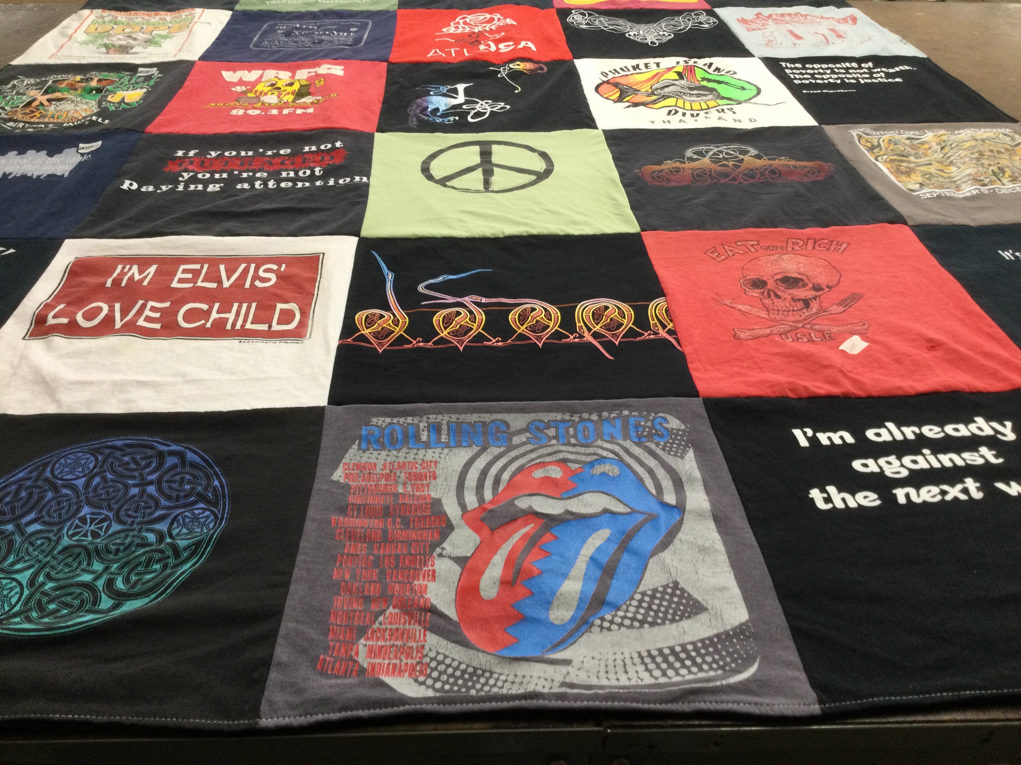 T-shirt quilt with music, politics themes by K from GA