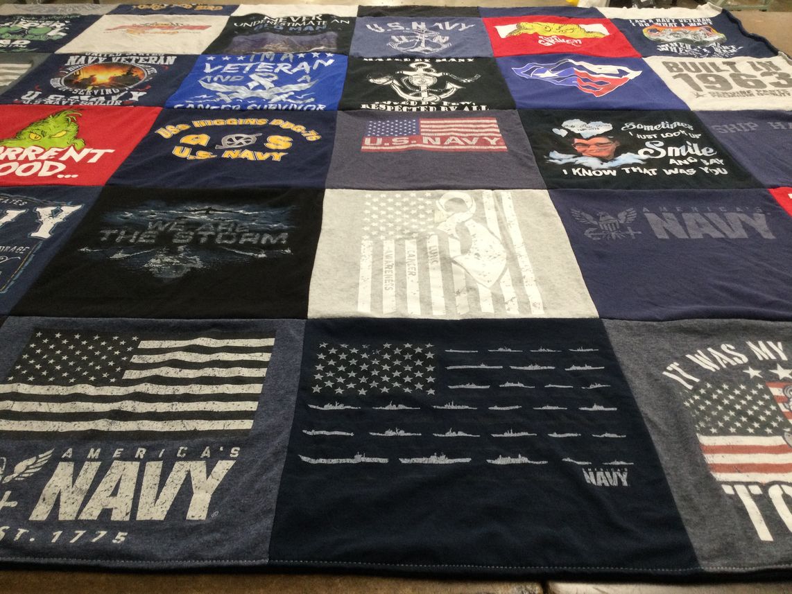 T-shirt quilt with military, navy themes by Linda from TX
