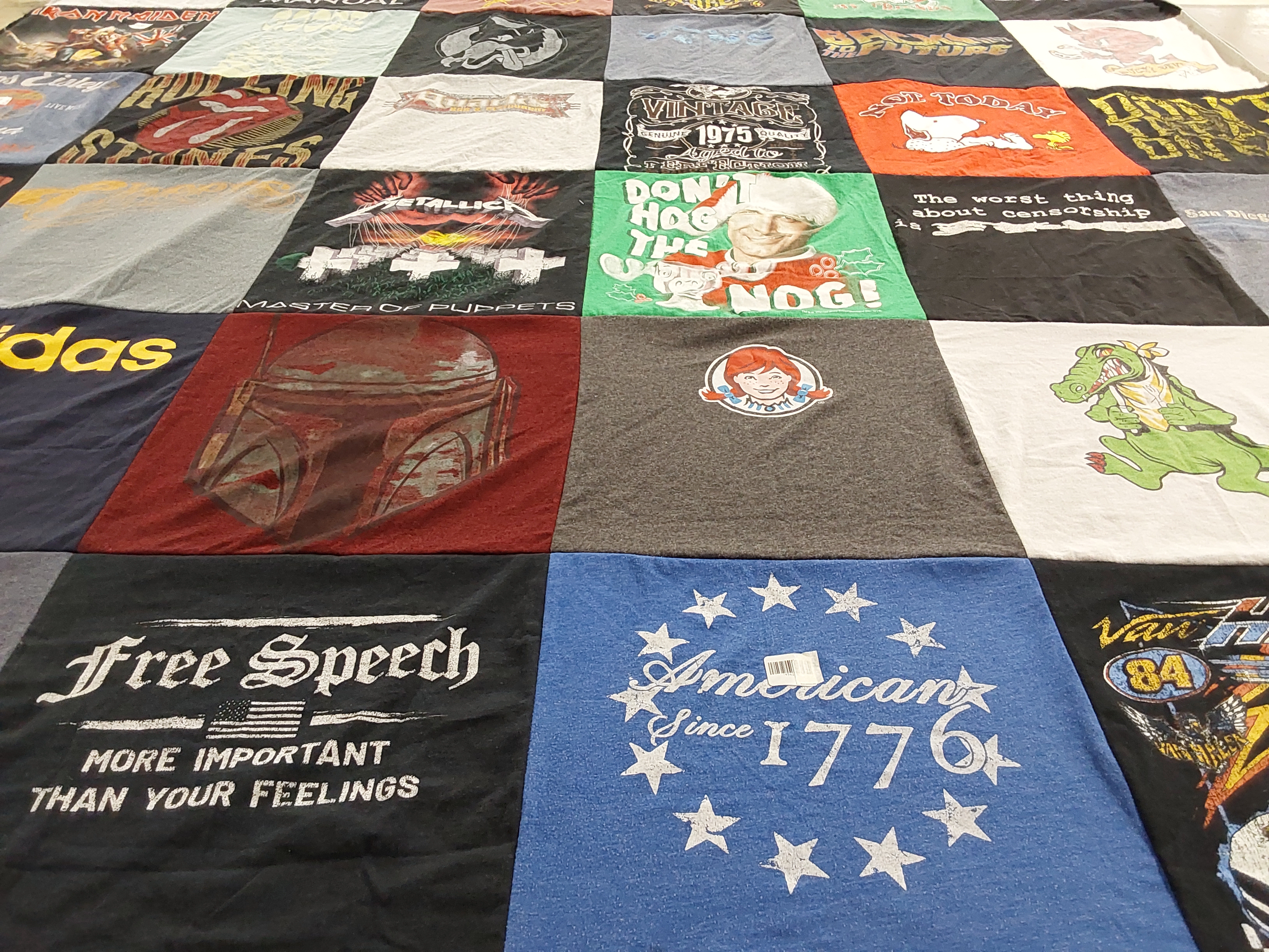 T-shirt quilt with music, free speech themes by Sara from CA