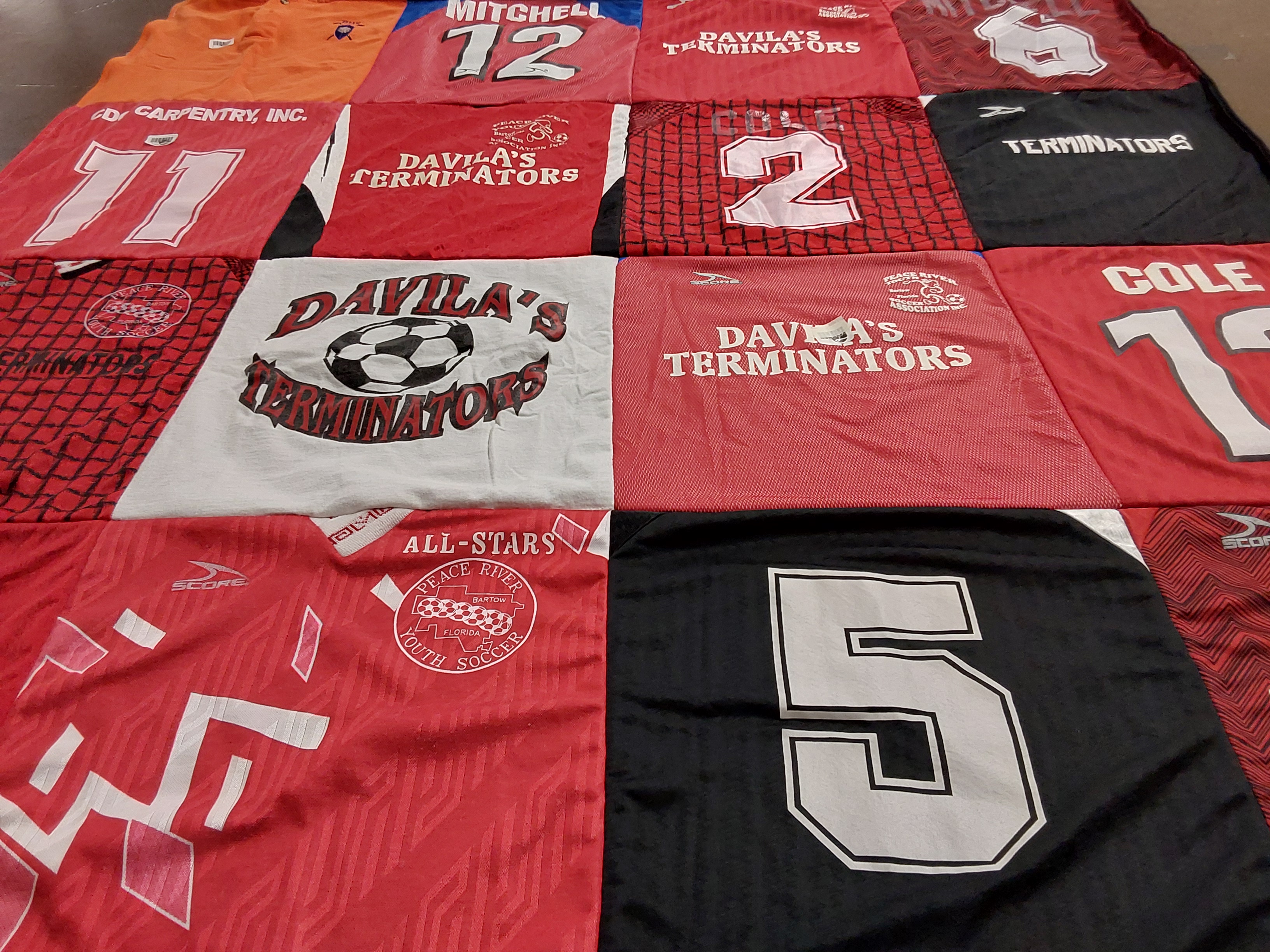 T-shirt quilt with soccer, youth sports themes by Joni from FL
