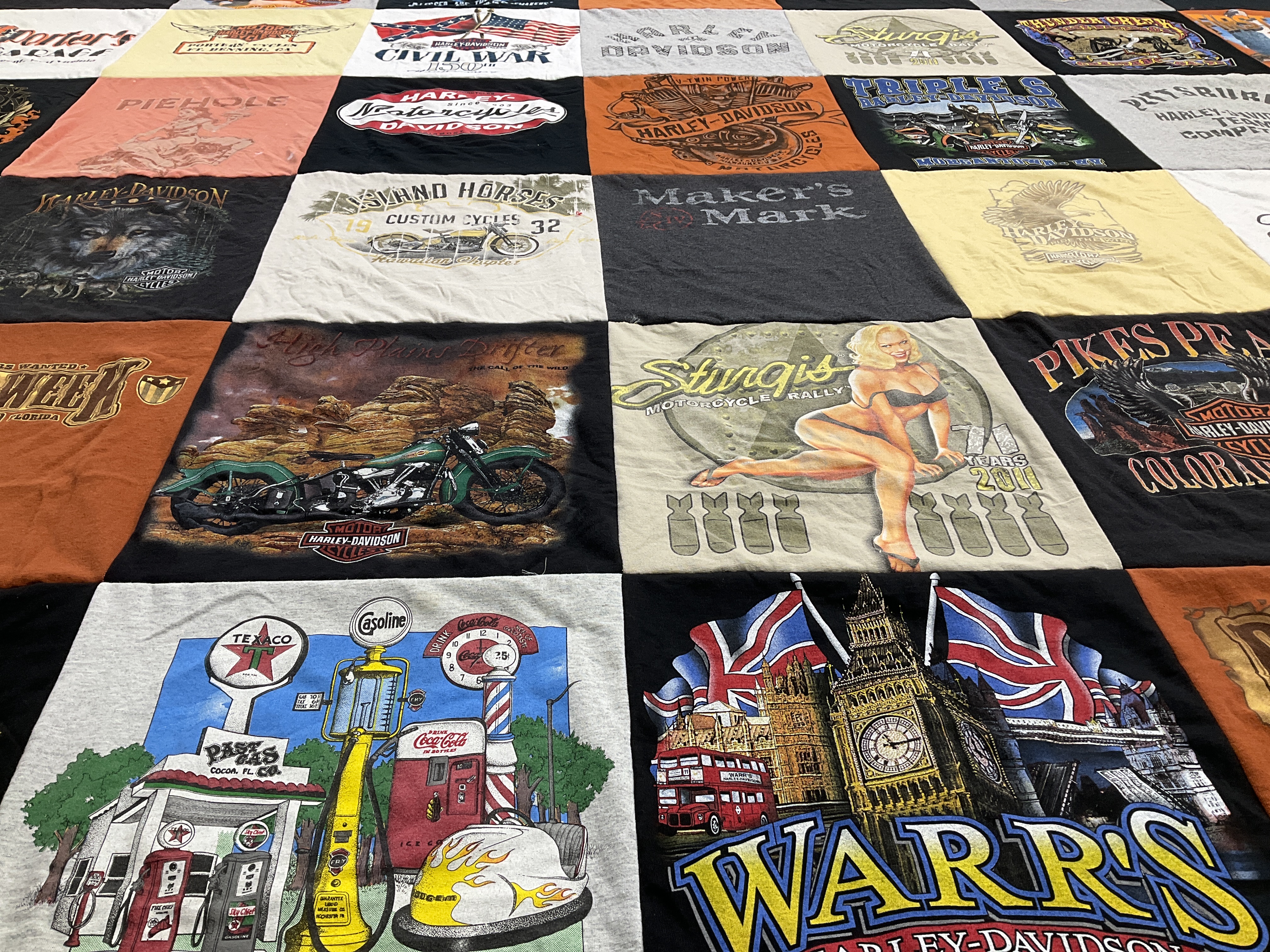 T-shirt quilt with motorcycles, biking themes by Floyd from WV