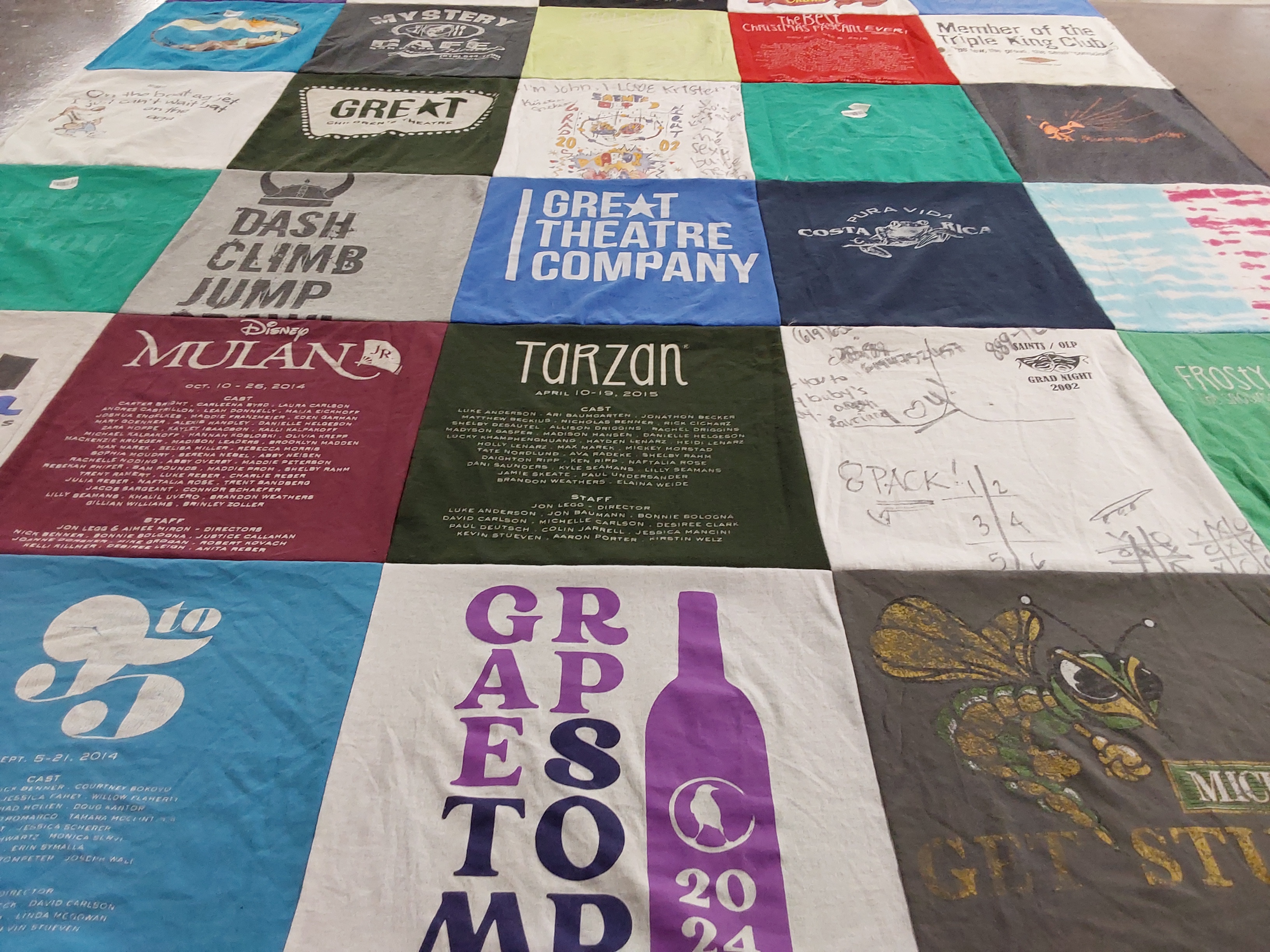 Custom Project Repat t-shirt quilt highlighting theatre, musicals themes.