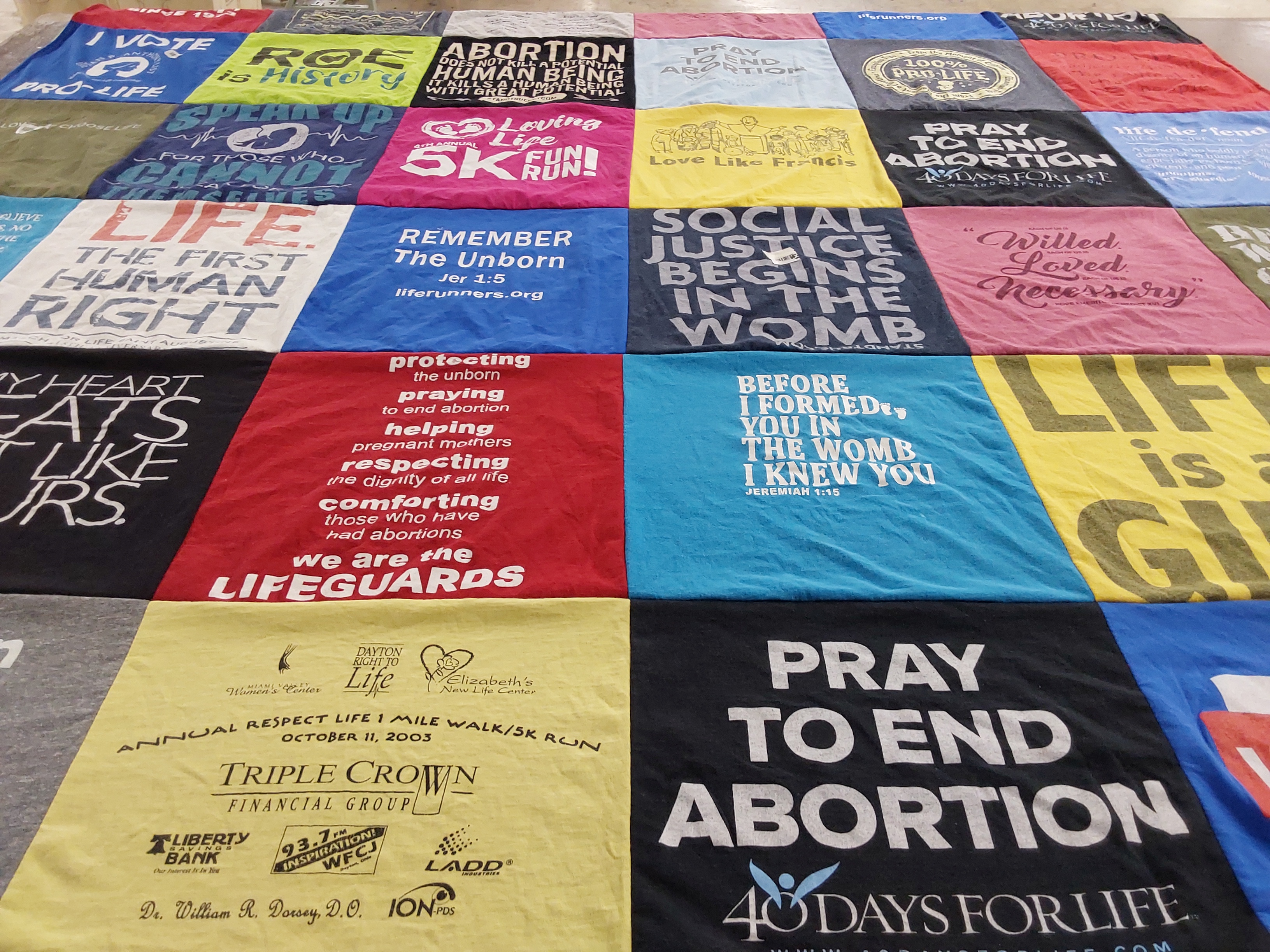 T-shirt quilt with prolife, abortion themes by Debbie from OH