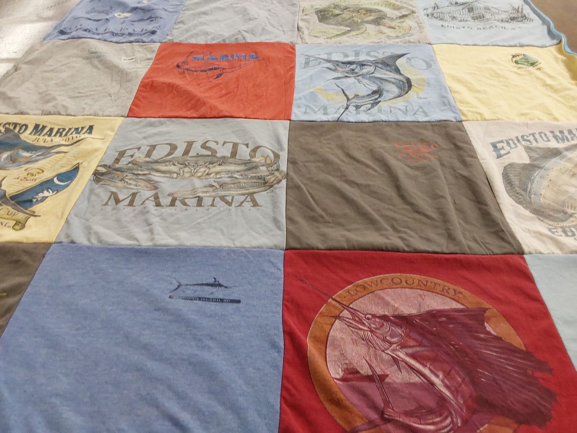 T-shirt quilt with fishing, beaches themes by Liz from NC