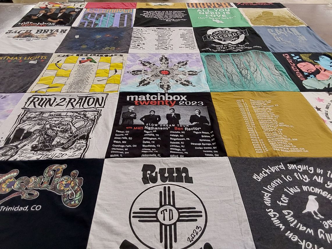 T-shirt quilt with music, concerts themes by Candice from TX