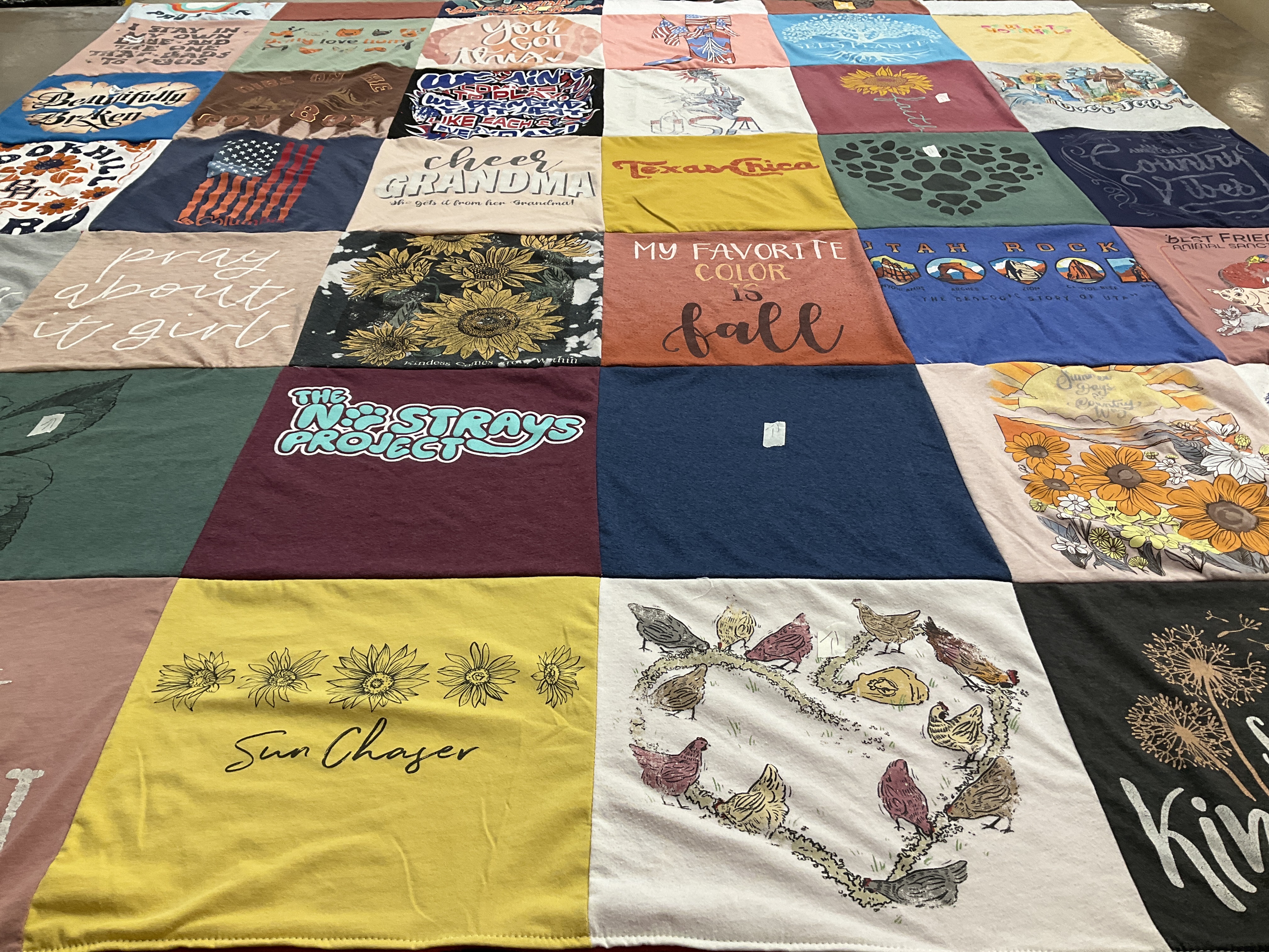 Custom Project Repat t-shirt quilt highlighting family, nature themes.