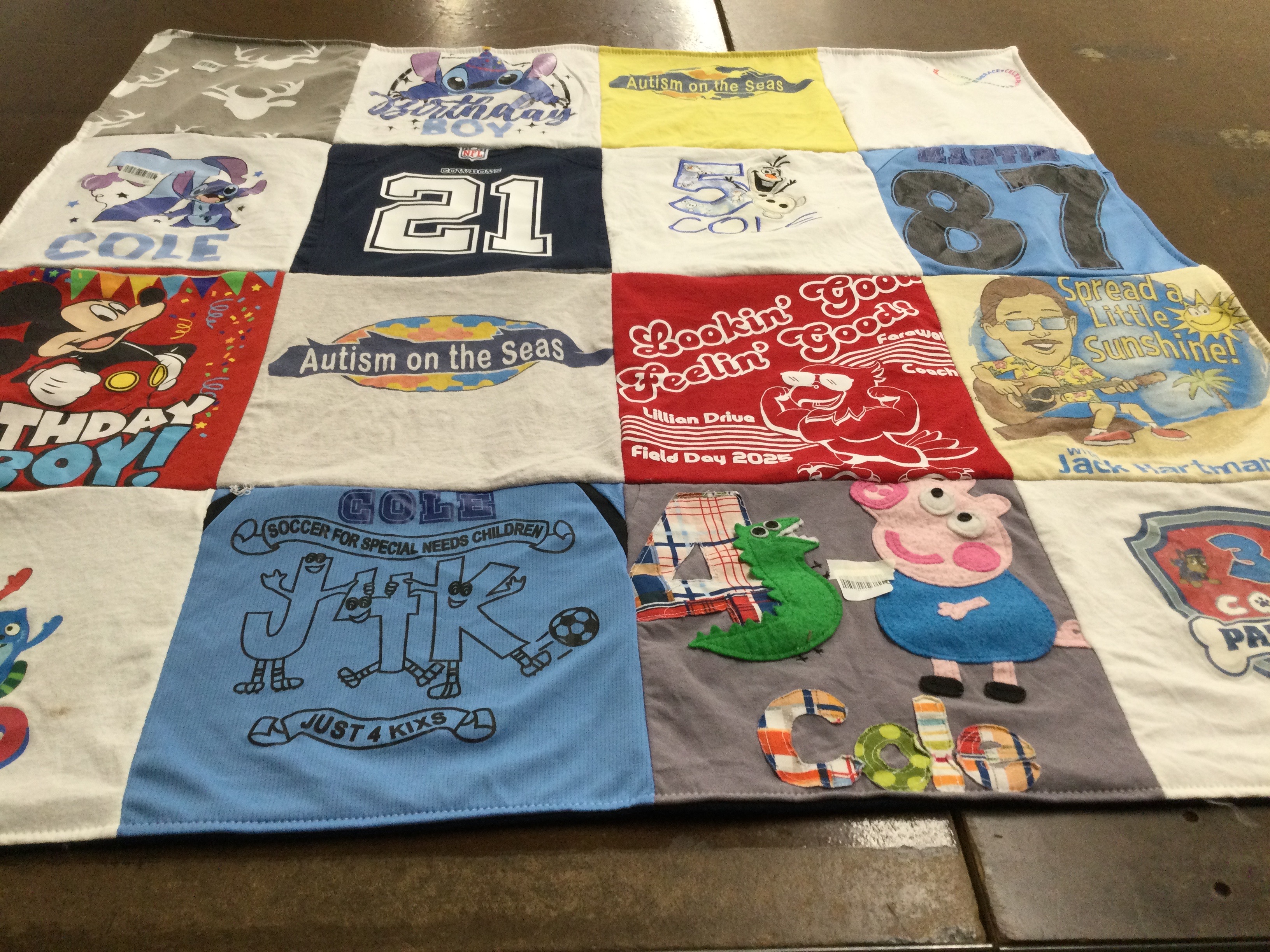 T-shirt quilt with autism advocacy, soccer for special needs children themes by Klarissa from NJ