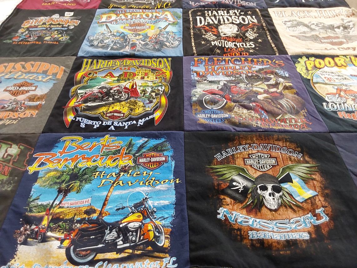 T-shirt quilt with motorcycles, biker culture themes by Carole from NC