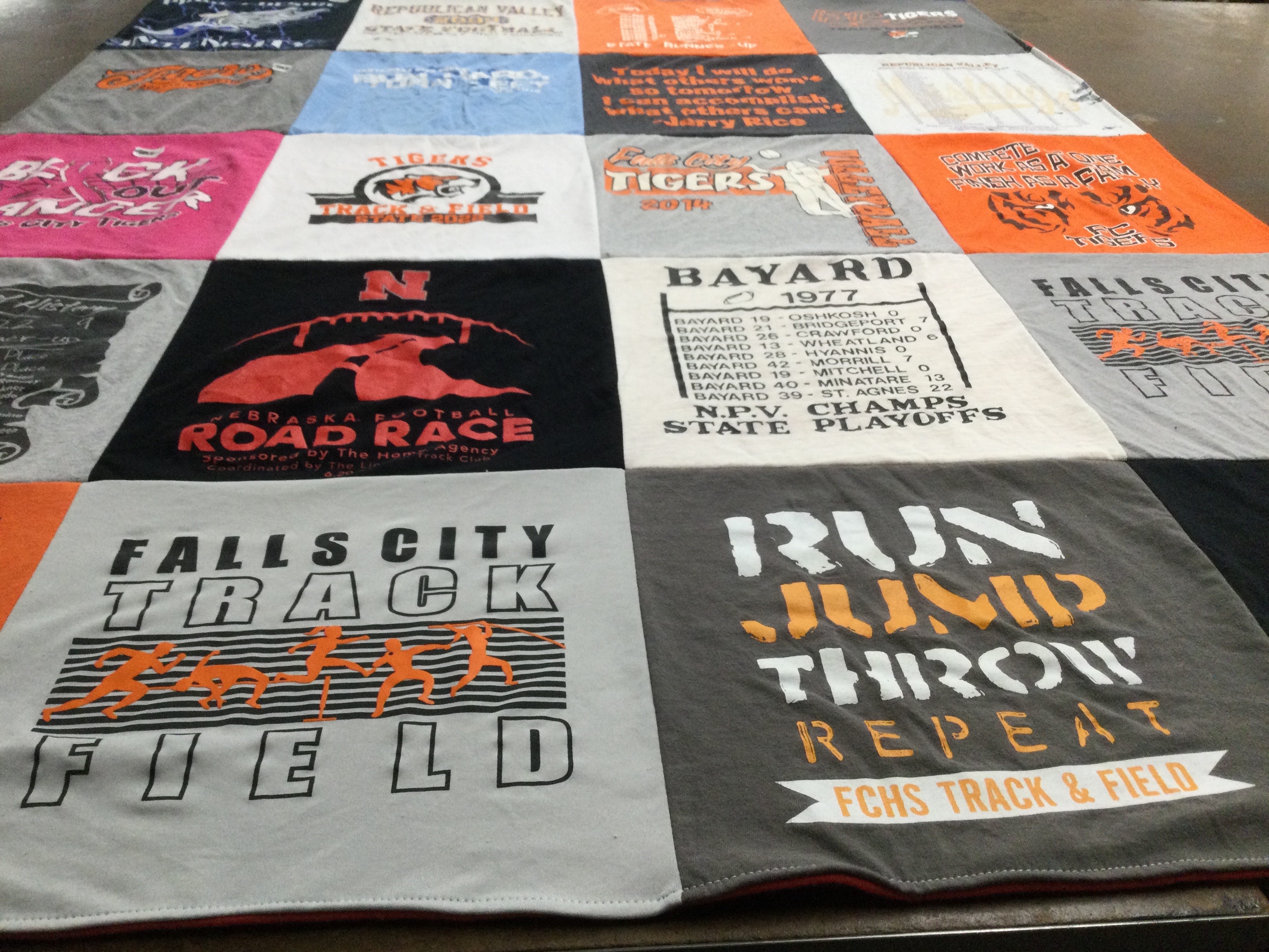 T-shirt quilt featuring falls city tigers, bayard tigers by Donald from NE
