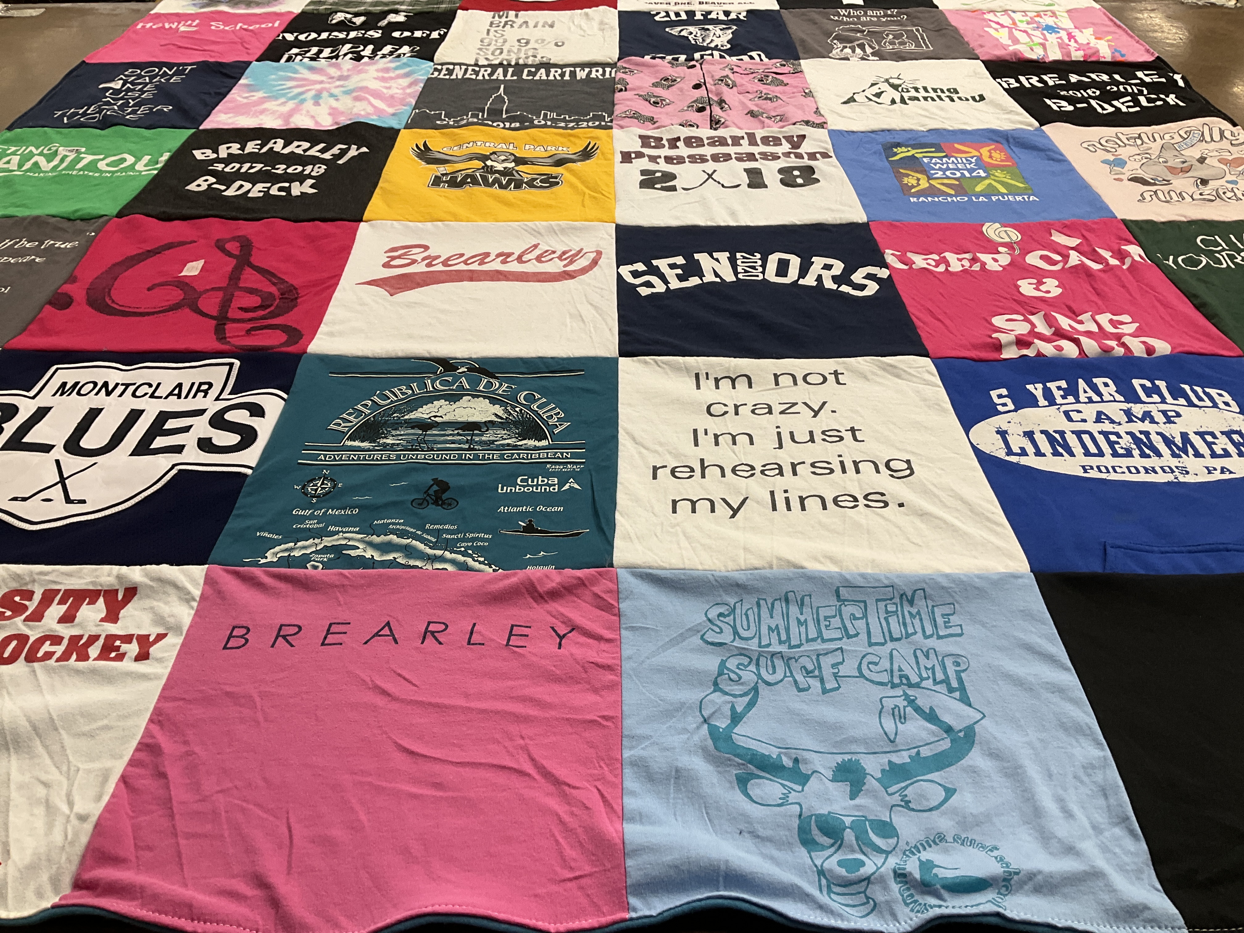 Custom Project Repat t-shirt quilt featuring shirts from brearley school.