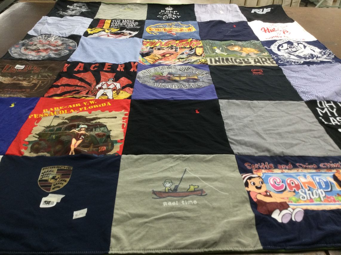 T-shirt quilt with cars, candy themes by Katie from AL