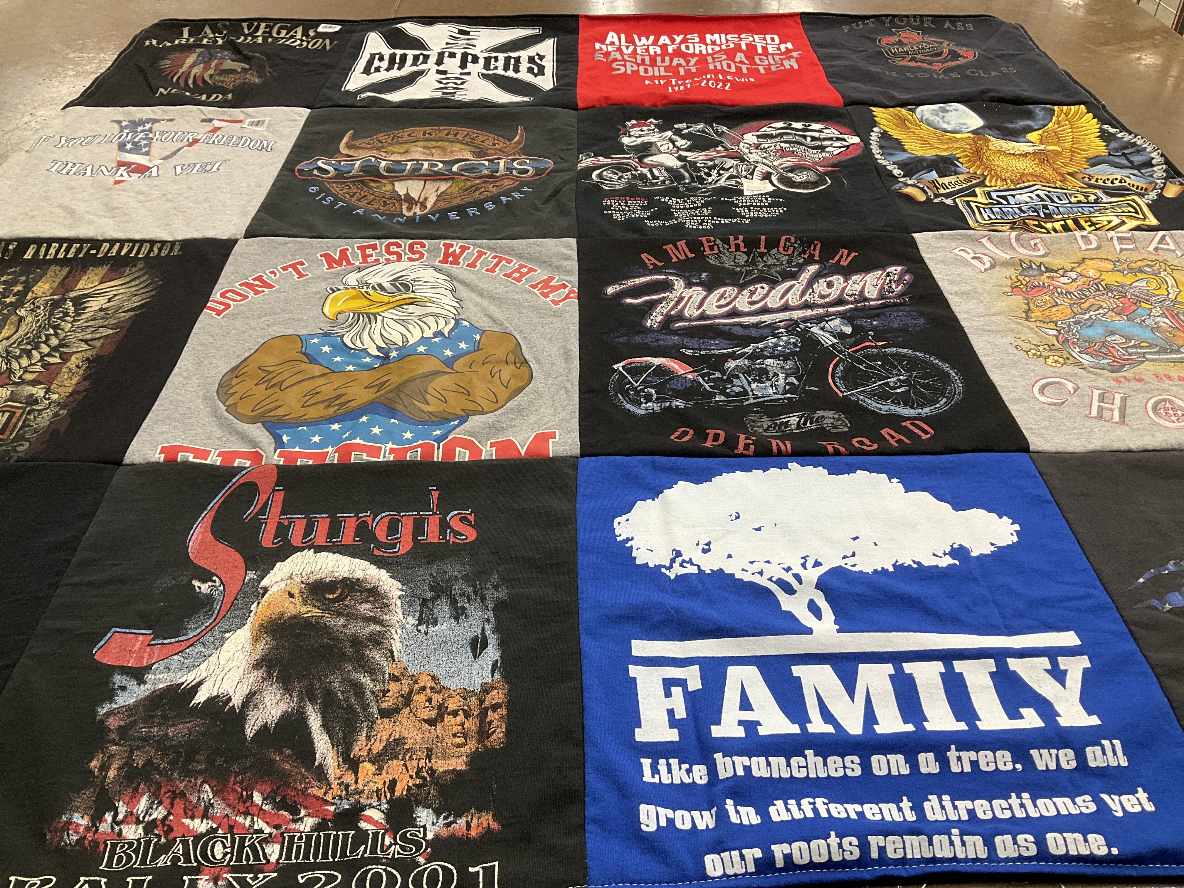T-shirt quilt with motorcycles, biker culture themes by Renee from OK