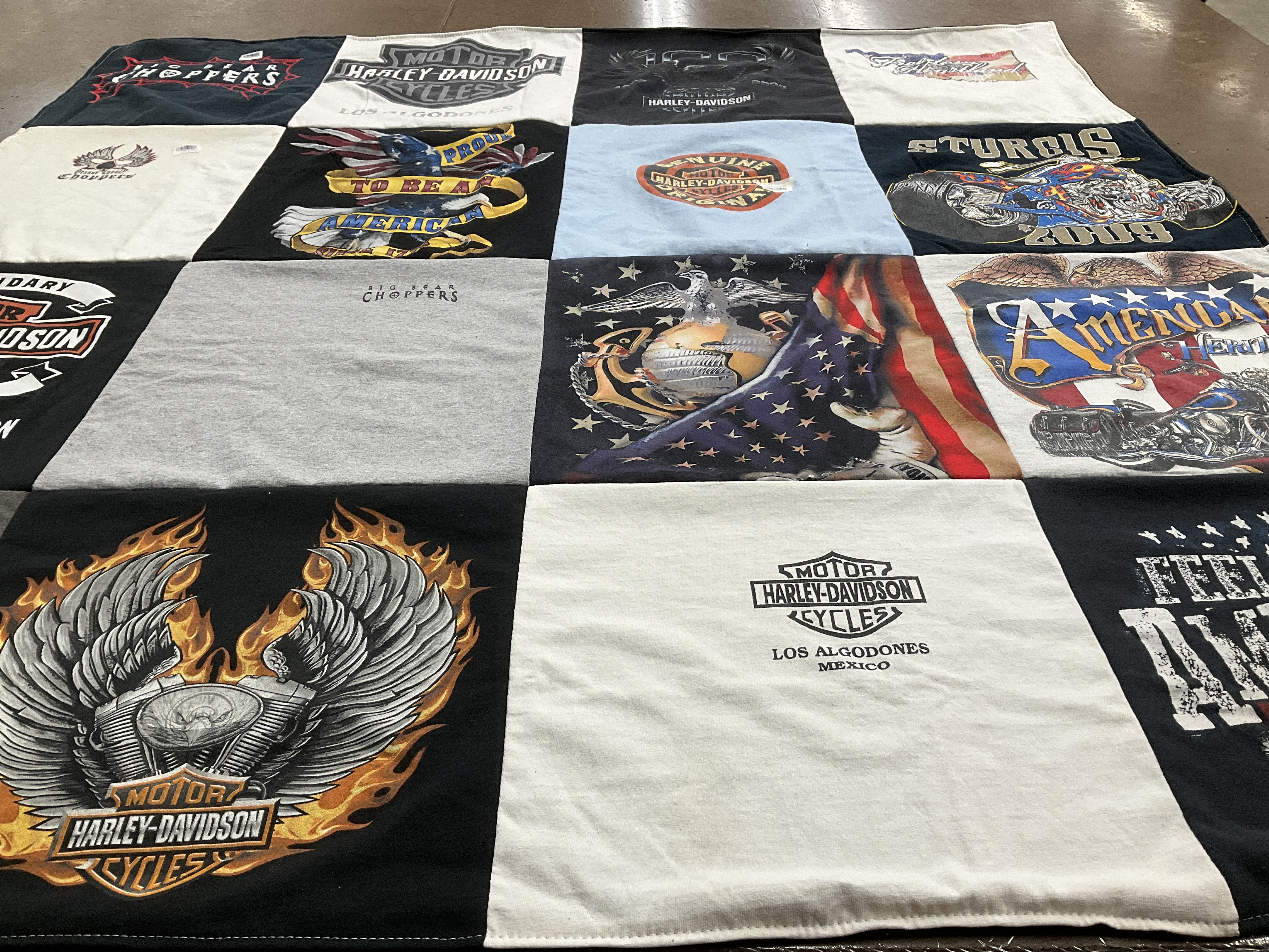 T-shirt quilt with motorcycles, biking themes by Renee from OK