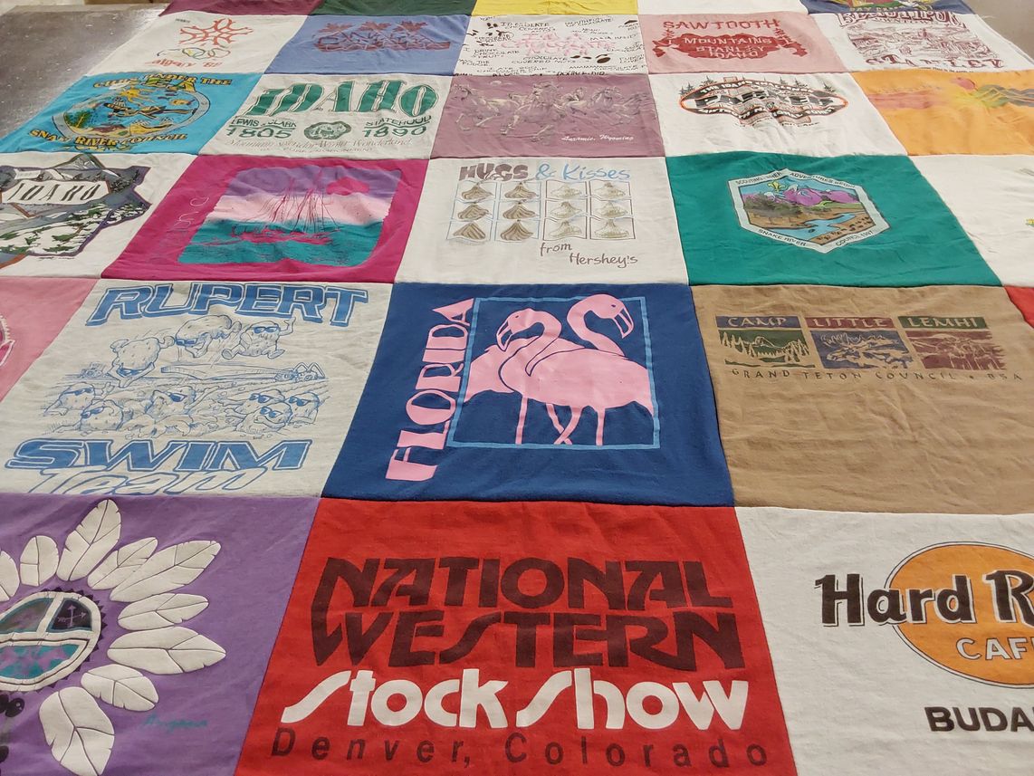 T-shirt quilt with travel, camping themes by Richard from ID