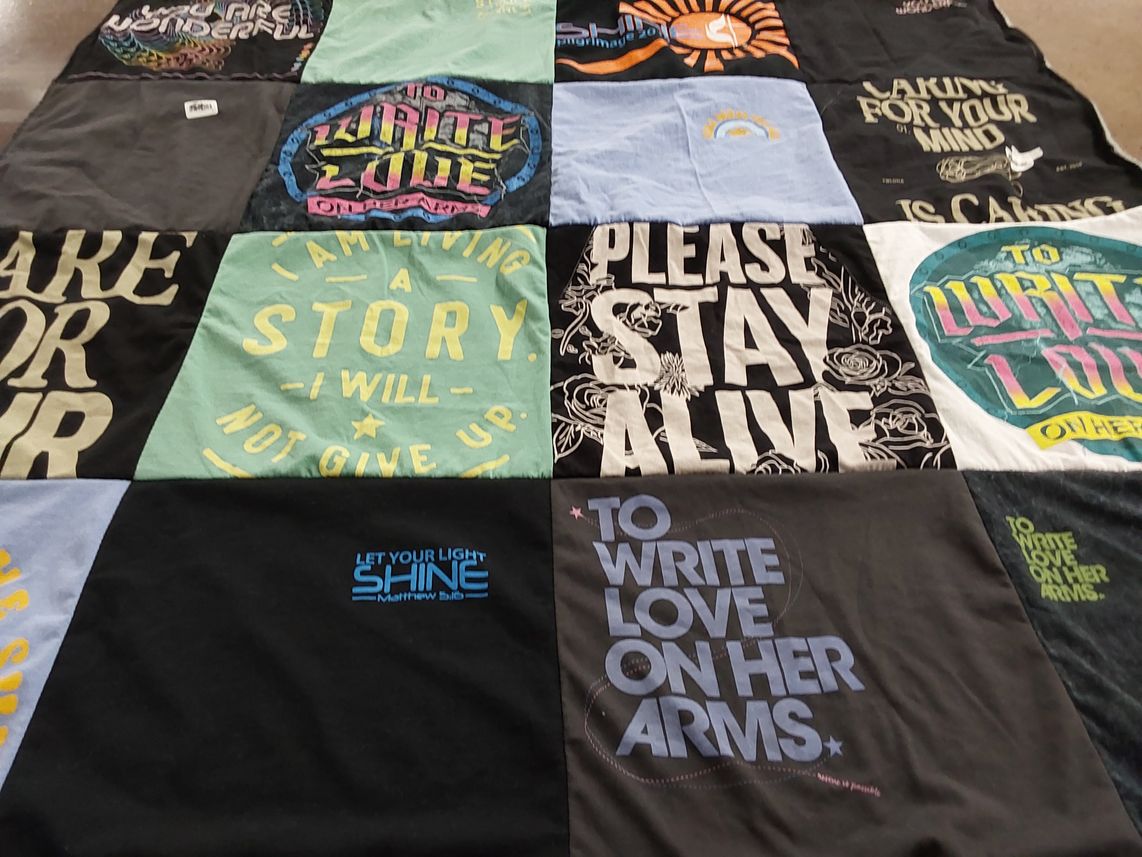 T-shirt quilt with mental health, encouragement themes by Jennifer from NC