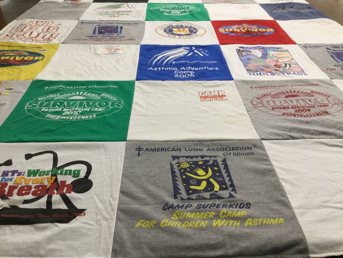 T-shirt quilt with asthma, respiratory health themes by David from IL