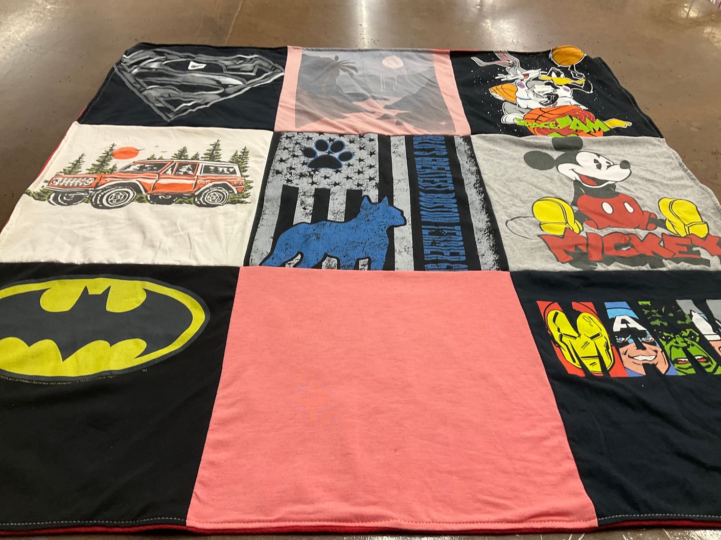 T-shirt quilt with superheroes, cartoons themes by Cathy from MA